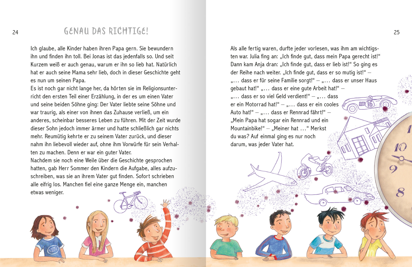 Gezeigt wird eine Innenansicht von „Mein Geschichtenschatz zur Erstkommunion“. Die Seiten sind in sanften Pastellfarben gestaltet, mit einer klaren und freundlichen Typografie. Auf der linken Seite ist ein Textabschnitt zu sehen, der von kindlichen Illustrationen umrahmt wird. Auf der rechten Seite befinden sich weitere Illustrationen, die fröhliche Kinder und verschiedene Aktivitäten zeigen. Die Seiten sind übersichtlich und einladend, was das Lesevergnügen fördert.