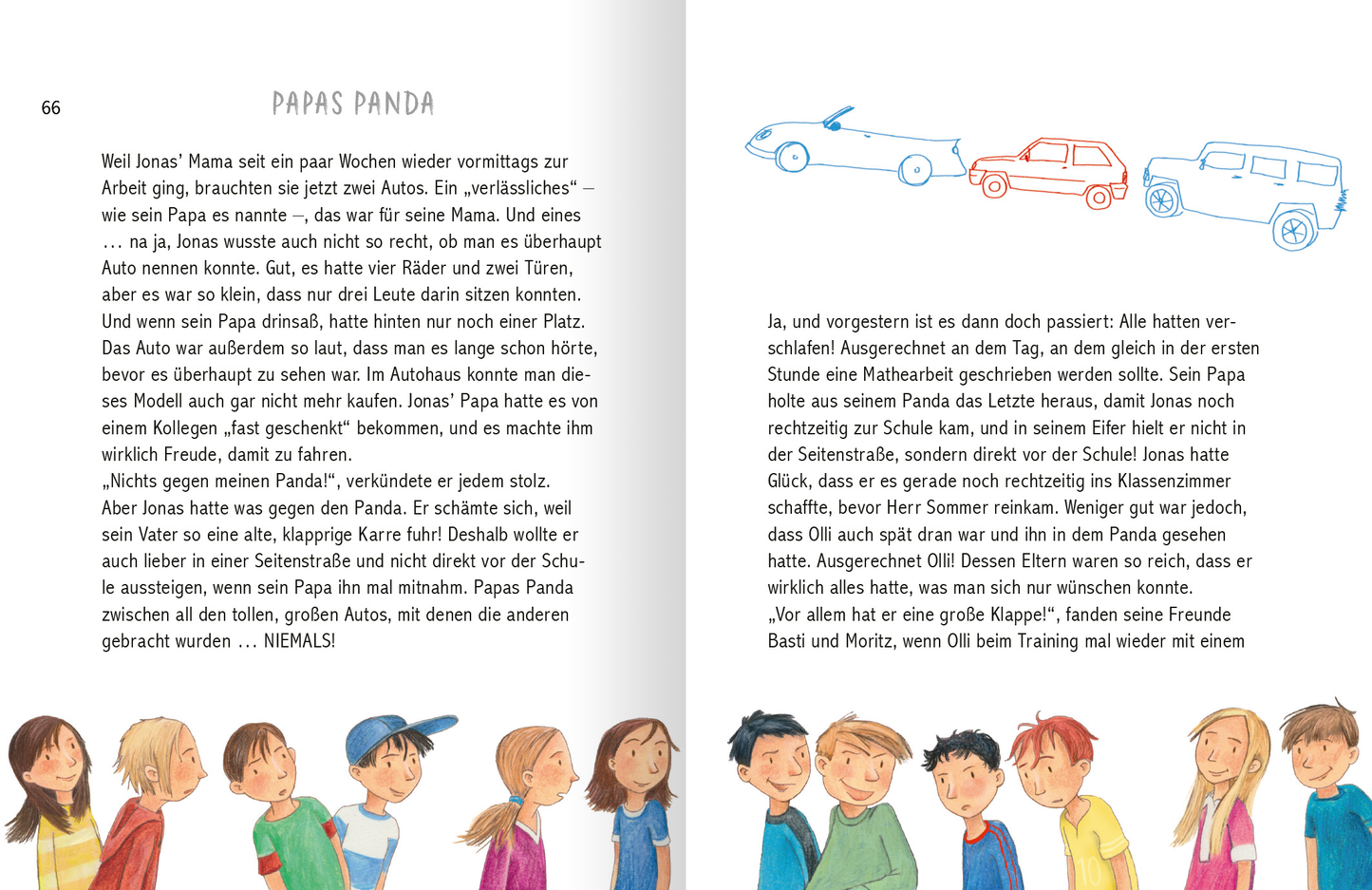 Gezeigt wird eine Innenansicht von „Mein Geschichtenschatz zur Erstkommunion“. Die Doppelseite präsentiert einen erzählerischen Text links, der in kleiner, gut lesbarer Schriftart formatiert ist. Die Überschrift „PAPAS PANDA“ ist in einer auffälligen Schriftart gestaltet. Auf der rechten Seite befinden sich skizzenhafte Illustrationen von Autos in sanften Farben, die die Handlung unterstützen. Am unteren Rand sind fröhliche Kinderfiguren zu sehen, die in bunten Kleidern...