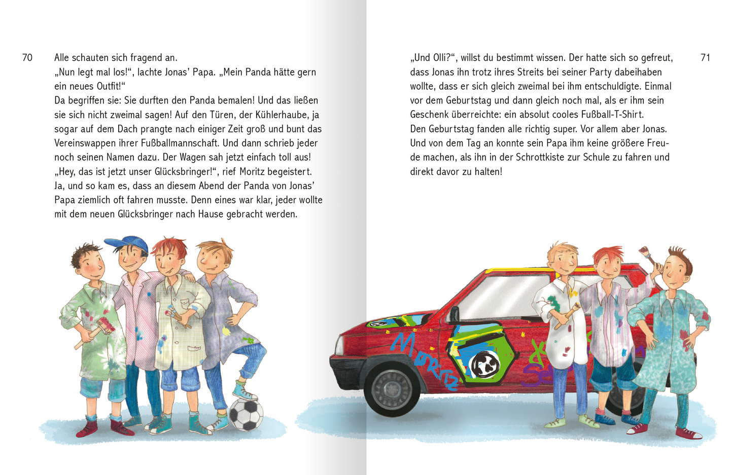 Gezeigt wird eine Innen- oder Zusatzansicht von „Mein Geschichtenschatz zur Erstkommunion“. Die Doppelseite zeigt eine lebendige Illustration mit vier Kinderfiguren in bunten, lässigen Outfits. Sie stehen um ein farbenfrohes Auto, das mit sportlichen Motiven und dem Schriftzug „M. B. 2“ verziert ist. Die Szene strahlt Freude und Unbeschwertheit aus. Der Text in verspielter Schrift beschreibt die Hintergründe der Illustration und fügt sich harmonisch in die Gestaltung ein.