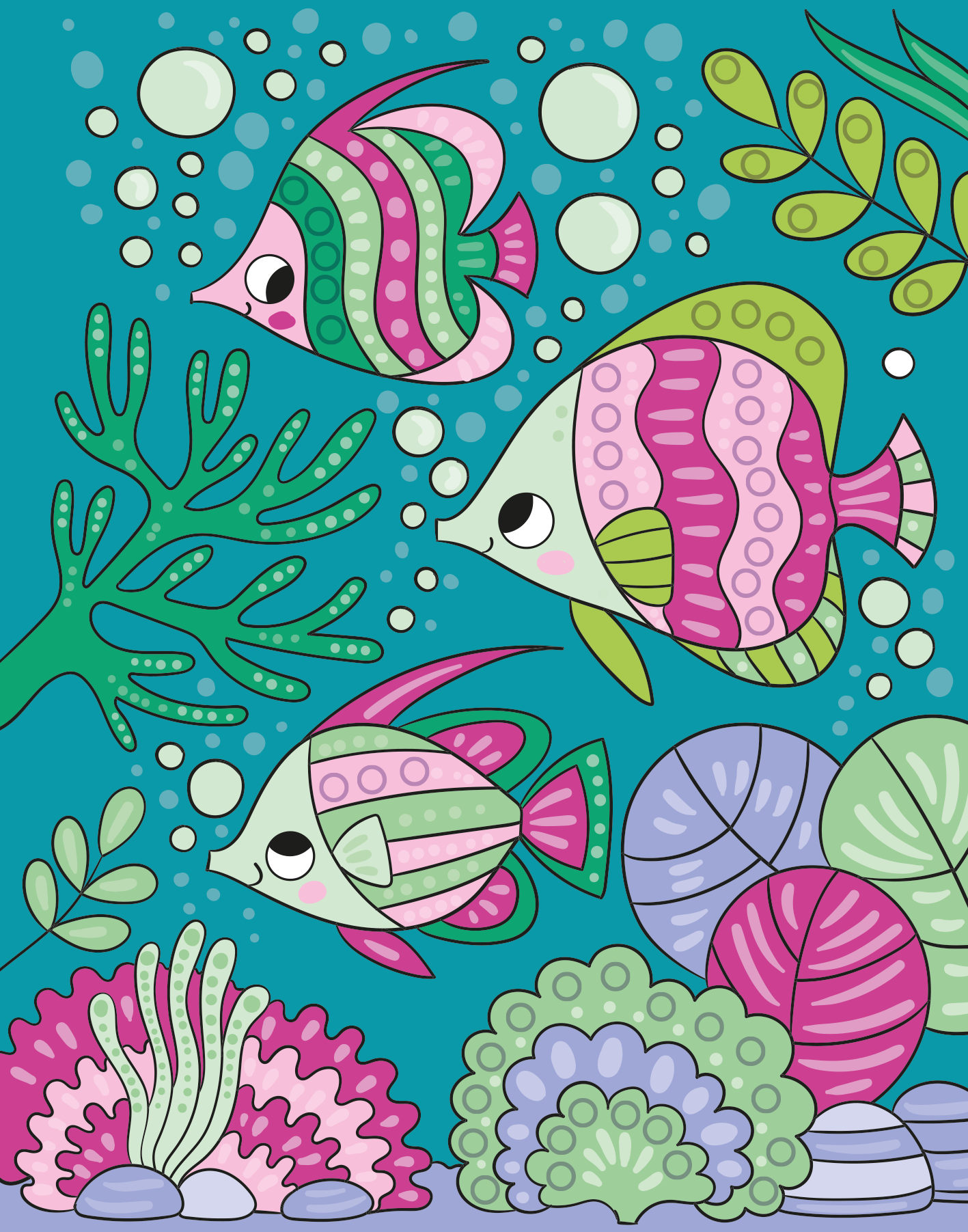 Gezeigt wird eine Innen- oder Zusatzansicht von „Mein Diamant-Stickerheft – Unter Wasser“. Die Illustration zeigt bunte Fische in verschiedenen Formen und Farben, darunter pinke, grüne und lilafarbene Variationen. Sie schwimmen vor einem türkisfarbenen Hintergrund, umgeben von stilisierten Korallen und Pflanzen in lebendigen Farben wie Lila, Grün und Rosa.