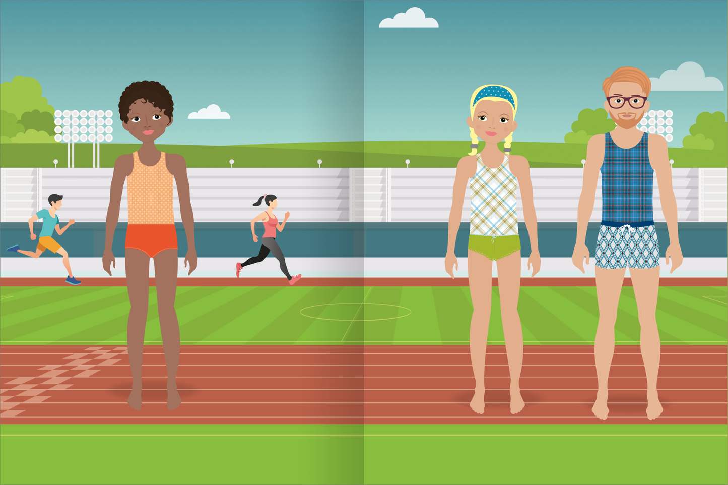 Gezeigt wird eine Innen- oder Zusatzansicht von „Sticker-Anziehpuppen – Beim Sport“. Auf einer Laufbahn stehen drei Anziehpuppen, eine männliche und zwei weibliche Figuren, alle in Unterwäsche. Im Hintergrund sind laufende Figuren und ein Flutlicht für das Sportfeld zu sehen, der Himmel ist blau mit wenigen Wolken.