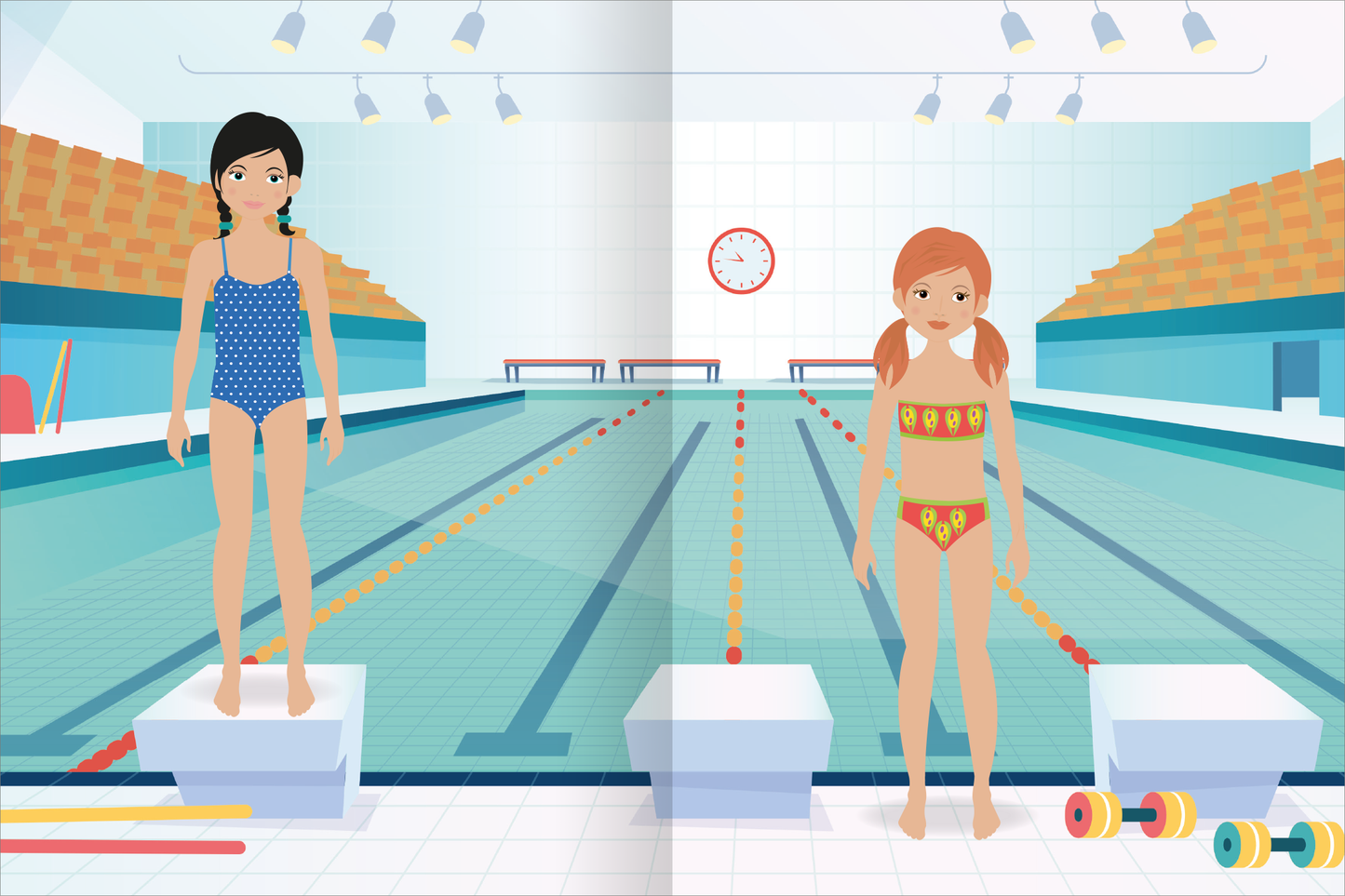 Gezeigt wird eine Innenansicht von „Sticker-Anziehpuppen – Beim Sport“. Zwei Figuren stehen auf oder neben Startblöcken an einem Schwimmbecken. Im Hintergrund ist ein Schwimmbecken mit orangefarbenen Markierungen und einer roten Uhr zu sehen, umgeben Zuschauerrängen.