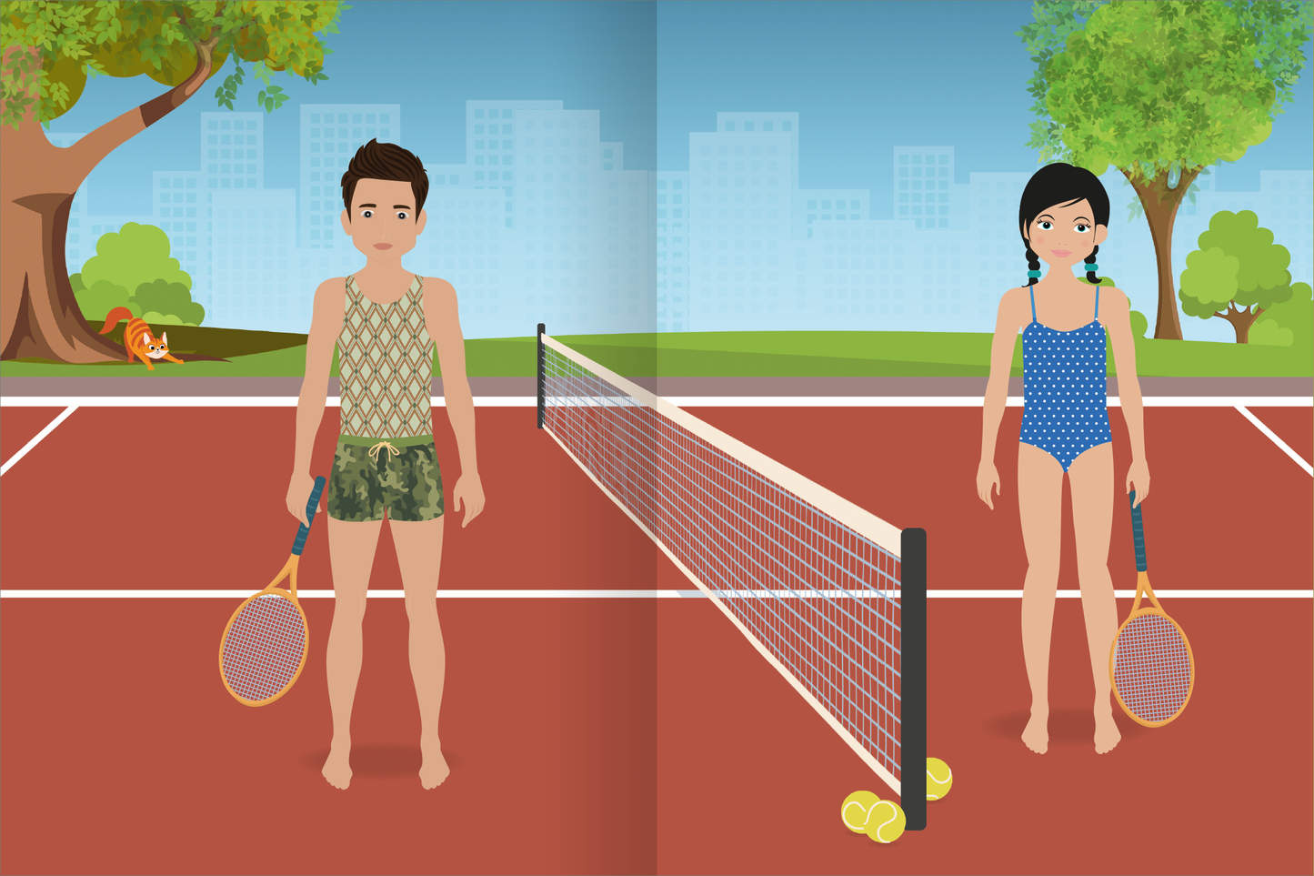 Gezeigt wird eine Innen- oder Zusatzansicht von „Sticker-Anziehpuppen – Beim Sport“. Die Abbildung zeigt zwei Kinder auf einem Tennisplatz. Ein Junge trägt ein gemustertes Oberteil und eine kurze Hose, während ein Mädchen in einem blauen Badeanzug mit weißen Punkten zu sehen ist. Beide halten Tennisschläger. Im Hintergrund sind Bäume und ein Park zu erkennen. Die Farben sind lebhaft und fröhlich, mit einem klaren, cartoonhaften Stil.