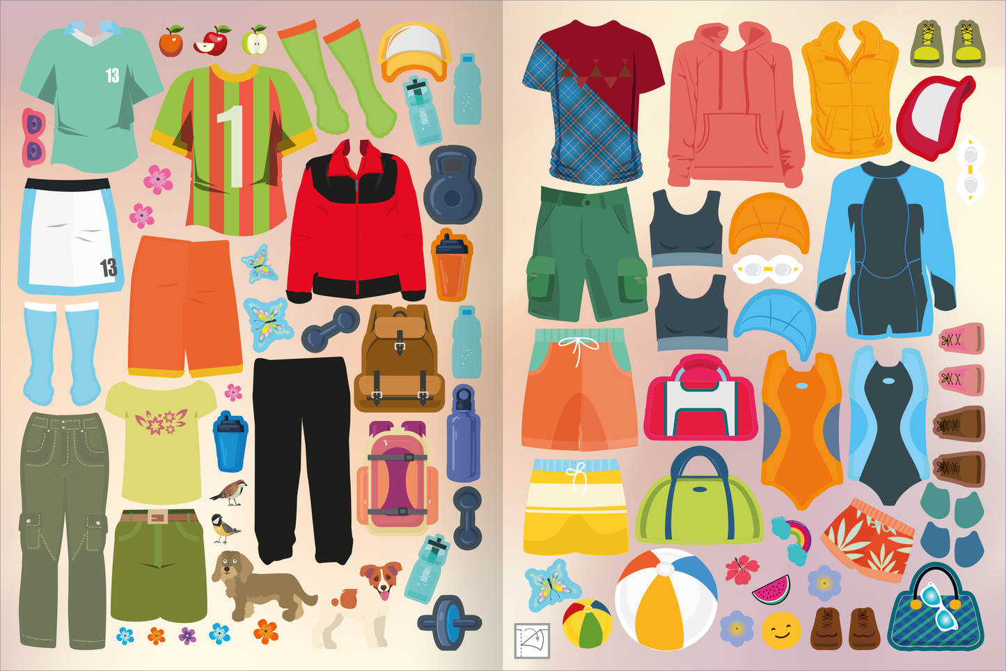Gezeigt wird eine Innen- oder Zusatzansicht von „Sticker-Anziehpuppen – Beim Sport“. Die Illustration zeigt eine Vielzahl von Sportbekleidungen und Accessoires in bunten Farben. Auf der linken Seite sind T-Shirts, Hosen, Socken sowie Wasserflaschen und Hunde abgebildet. Die rechte Seite präsentiert Oberbekleidung, Badesachen, Sporttaschen und andere Utensilien.