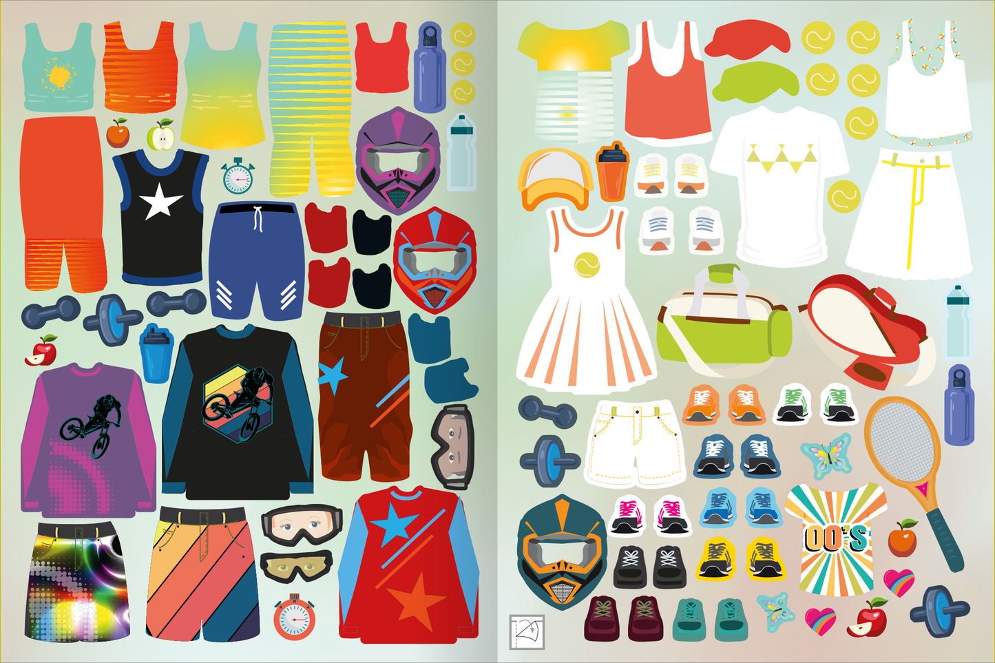 Gezeigt wird eine Innen- oder Zusatzansicht von „Sticker-Anziehpuppen – Beim Sport“. Die Ansicht präsentiert eine bunte Sammlung sportlicher Bekleidungsstücke und Zubehör. Die Farben sind lebhaft und umfassen Blau, Rot, Gelb und Schwarz. Auf der linken Seite befinden sich Sportoberteile, Shorts und Accessoires wie Gewichte. Die rechte Seite zeigt Freizeitkleidung, Sportgeräte und weitere Details wie Trinkflaschen und Bälle.