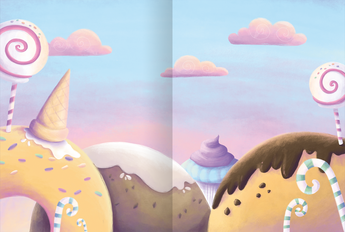 Gezeigt wird eine Innen- oder Zusatzansicht von „Mein flauschiges Stickerheft – Feen“. Die Illustration zeigt eine fantasievolle Landschaft aus bunten Leckereien, darunter große Donuts und eine Eistüte. Zarte Pastellfarben dominieren die Szenerie, mit einem sanften Himmel in Blau und Rosa. Verziert sind die Elemente mit spiralförmigen Zuckerstangen oder Lollypops, die die verspielte Atmosphäre unterstreichen.