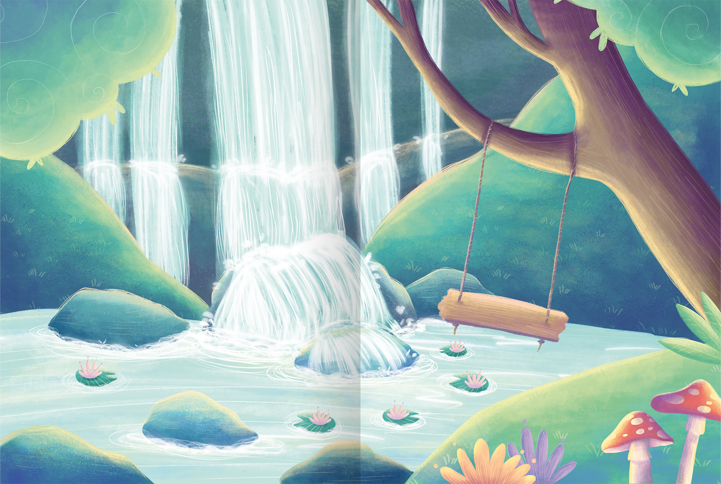 Gezeigt wird eine Innen- oder Zusatzansicht von „Mein flauschiges Stickerheft – Feen“. Die Illustration zeigt einen malerischen Wasserfall, der in einen ruhigen Teich fließt. Umgeben von sanften Hügeln sind verschiedene Wasserpflanzen und bunte Pilze in lebhaften Farben dargestellt. Eine hölzerne Schaukel hängt an einem Ast über dem Teich, während die gesamte Szene in sanften Pastelltönen gehalten ist.
