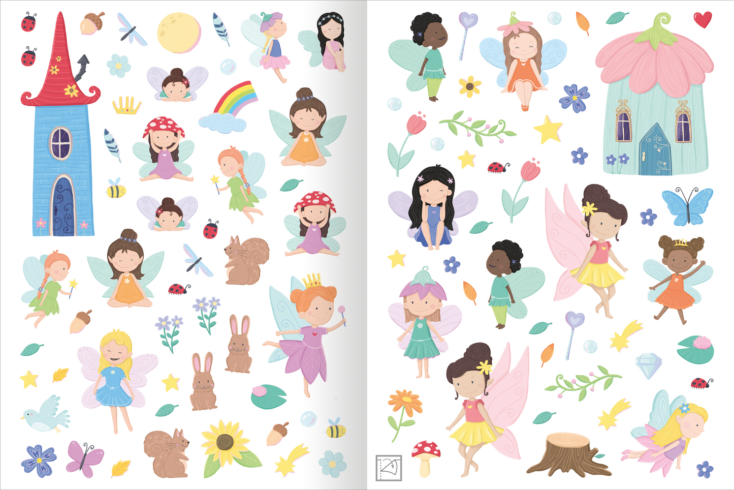 Gezeigt wird eine Innen- oder Zusatzansicht von „Mein flauschiges Stickerheft – Feen“. Die Seite ist bunt und fröhlich gestaltet, mit vielen kleinen, liebevoll illustrierten Feen in verschiedenen Farben, darunter Rosa, Gelb und Blau. Zudem sind Elemente wie ein blaues Schloss, Blumen, Schmetterlinge und tierische Motive wie Kaninchen und Eichhörnchen abgebildet.