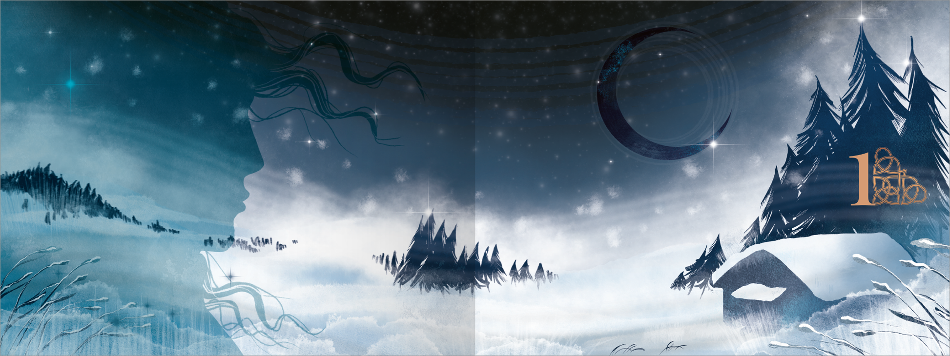 Gezeigt wird eine Innen- oder Zusatzansicht von „Ice-cold Desire“. Die Illustration zeigt eine winterliche Landschaft in kühlen Blau- und Grautönen. Im Vordergrund ist das Profil einer weiblichen Gestalt angedeutet, hinter der sich schneebedeckte Hügel und hohe Tannenbäume erheben. Ein großer Mond ist im Hintergrund sichtbar. Die Zahl "1" ist in warmem Goldton gehalten, was einen Kontrast zur kalten Farbpalette bildet.