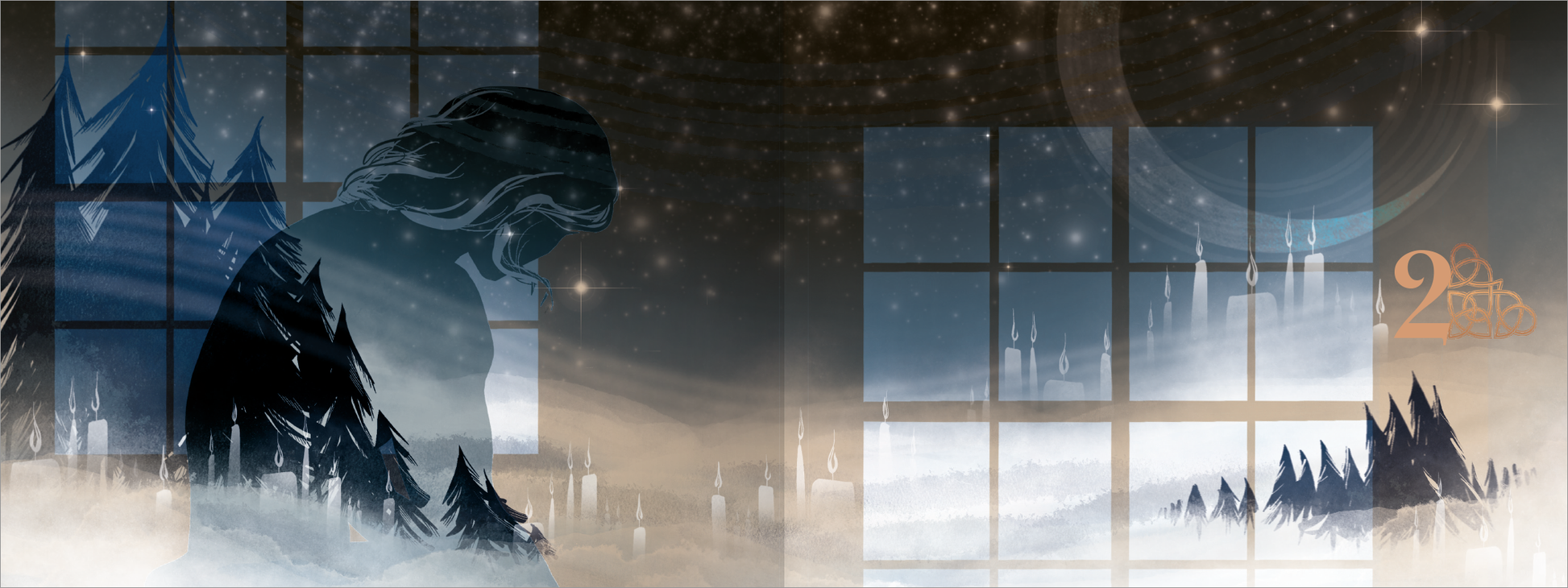 Gezeigt wird eine Innen- oder Zusatzansicht von „Ice-cold Desire“. Die Illustration zeigt eine melancholische Figur in dunklen, kühlen Farbtönen, umgeben von schattigen, stilisierten Tannenbäumen. Hinter der Figur sind Fenster zu sehen, die eine frostige Landschaft und einen nächtlichen Himmel darstellen. Die farbliche Palette umfasst hauptsächlich Blau- und Grautöne, während die goldene Zahl "2" rechts einen markanten Kontrast bildet. Die Typografie ist elegant und...