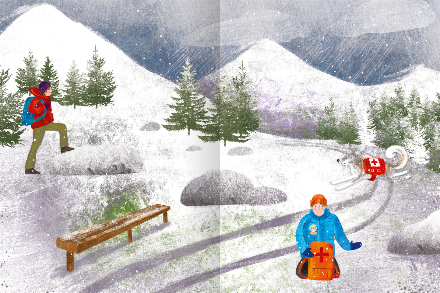 Gezeigt wird eine Innen- oder Zusatzansicht von „Mein Hunde-Stickerheft“. Die Illustration zeigt eine winterliche Landschaft mit schneebedeckten Bergen im Hintergrund. Im Vordergrund ist ein Wanderer in bunter Kleidung zu sehen, der auf einem schneebedeckten Pfad vor einer Bank steht. Ein Rettungshund mit einem roten Rucksack läuft an einem orangefarbenen Charakter mit blauer Jacke vorbei. Die Farbpalette ist lebendig und kontrastreich, während die Typografie verspielt und gut lesbar ist.