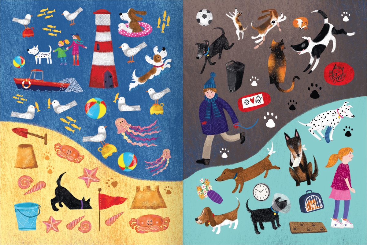 Gezeigt wird eine Innen- oder Zusatzansicht von „Mein Hunde-Stickerheft“. Die Illustration zeigt eine bunte, verspielte Szenerie mit zahlreichen Hunde-Stickern und anderen Elementen. Auf der linken Seite befindet sich ein maritimes Thema mit Leuchtturm, Booten und Tieren, während die rechte Seite eine städtische Umgebung mit Hund und Kind darstellt. Die Farben sind kräftig und vielfältig, mit Blau- und Gelbtönen, und die Typografie ist kindgerecht und fröhlich gestaltet.