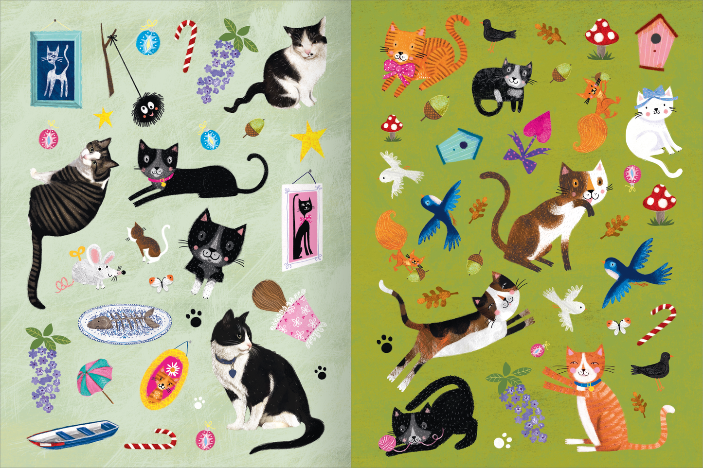 Gezeigt wird eine Innen- oder Zusatzansicht von „Mein Katzen-Stickerheft“. Die Seite präsentiert ein buntes, lebhaftes Design mit verschiedenen Katzenmotiven in unterschiedlichen Farben. Auf einem hellgrünen Hintergrund sind zahlreiche Illustrationen von schwarzen, grauen und gestreiften Katzen, Vögeln, Blumen und anderen verspielten Elementen wie Sternen und Spielzeug verteilt. Die Typografie ist verspielt und kindgerecht, was die fröhliche Atmosphäre des Heftes unterstreicht.