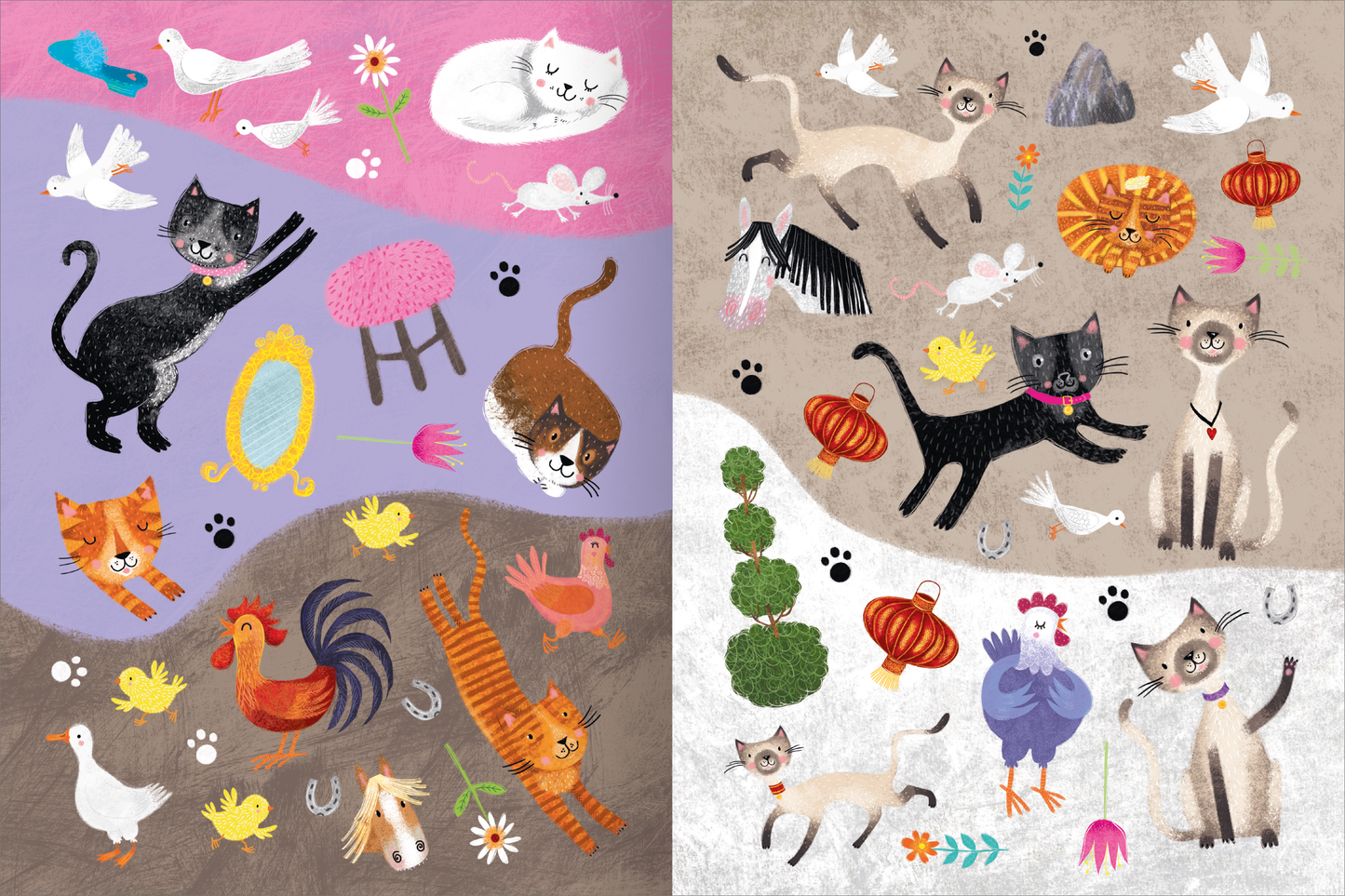 Gezeigt wird eine Innen- oder Zusatzansicht von „Mein Katzen-Stickerheft“. Auf der linken Seite sind bunte Katzen, Vögel und Blumen vor einem lila und blauen Hintergrund abgebildet. Die rechte Seite zeigt verschiedene Katzen, zusätzlich umgeben von Tieren und bunten Elementen wie Laternen und Pflanzen, auf einem grauen Untergrund. Die Illustrationen sind verspielt, mit lebendigen Farben und einer kindgerechten Schriftart, die zur Gesamtgestaltung beiträgt.