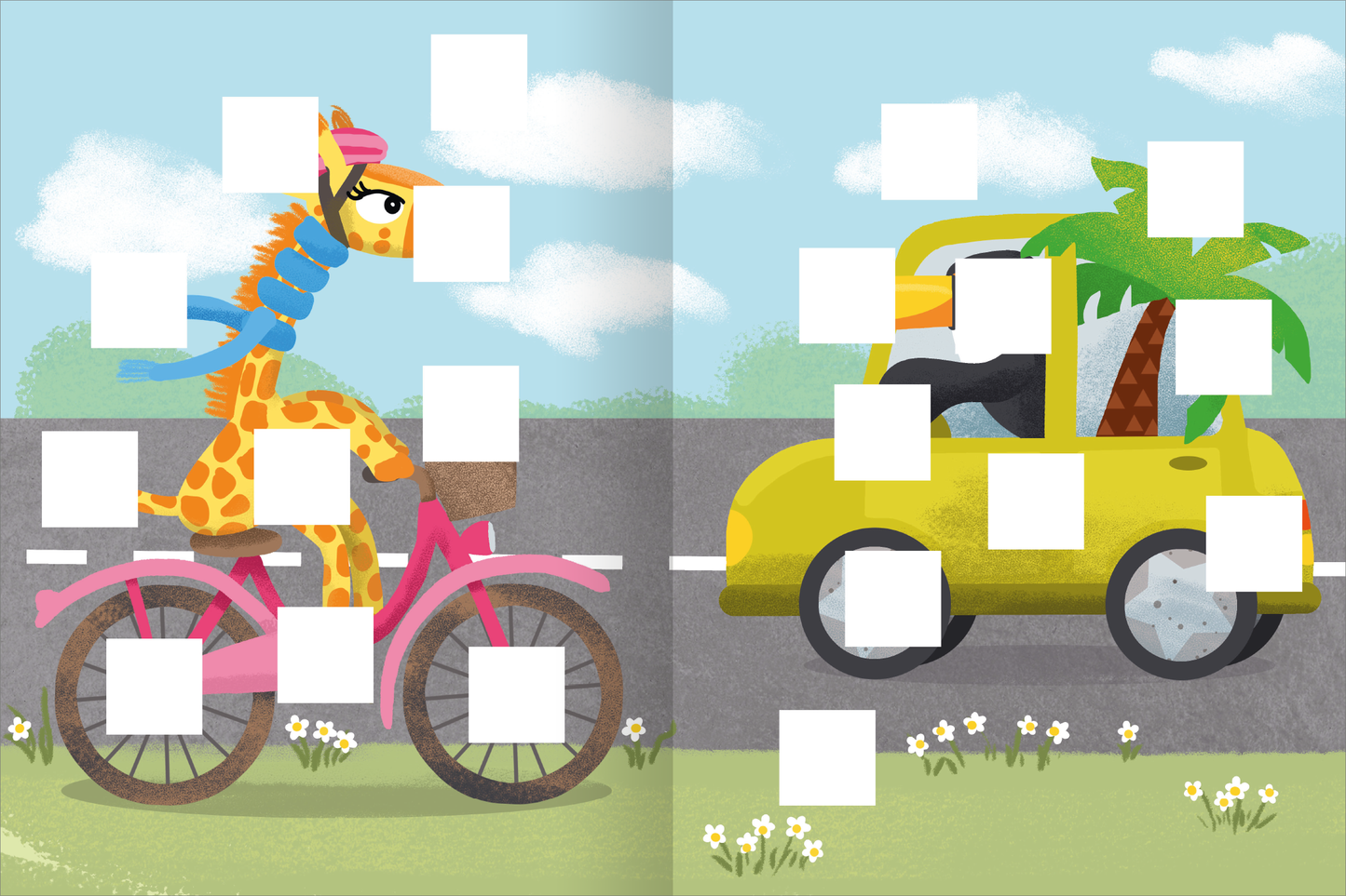 Gezeigt wird eine Innen- oder Zusatzansicht von „Meine Puzzle-Sticker – Fahrzeuge“. Die Illustration zeigt eine farbenfrohe Szene mit einer Giraffe, die auf einem pinken Fahrrad fährt, und einem gelben Auto, das einen Palmbaum transportiert. Der Hintergrund ist freundlich gestaltet mit einem blauen Himmel und weißen Wolken. Auf der Seite sind mehrere Felder in Weiß dargestellt, die Platz für Sticker bieten und die Interaktivität des Produkts betonen.