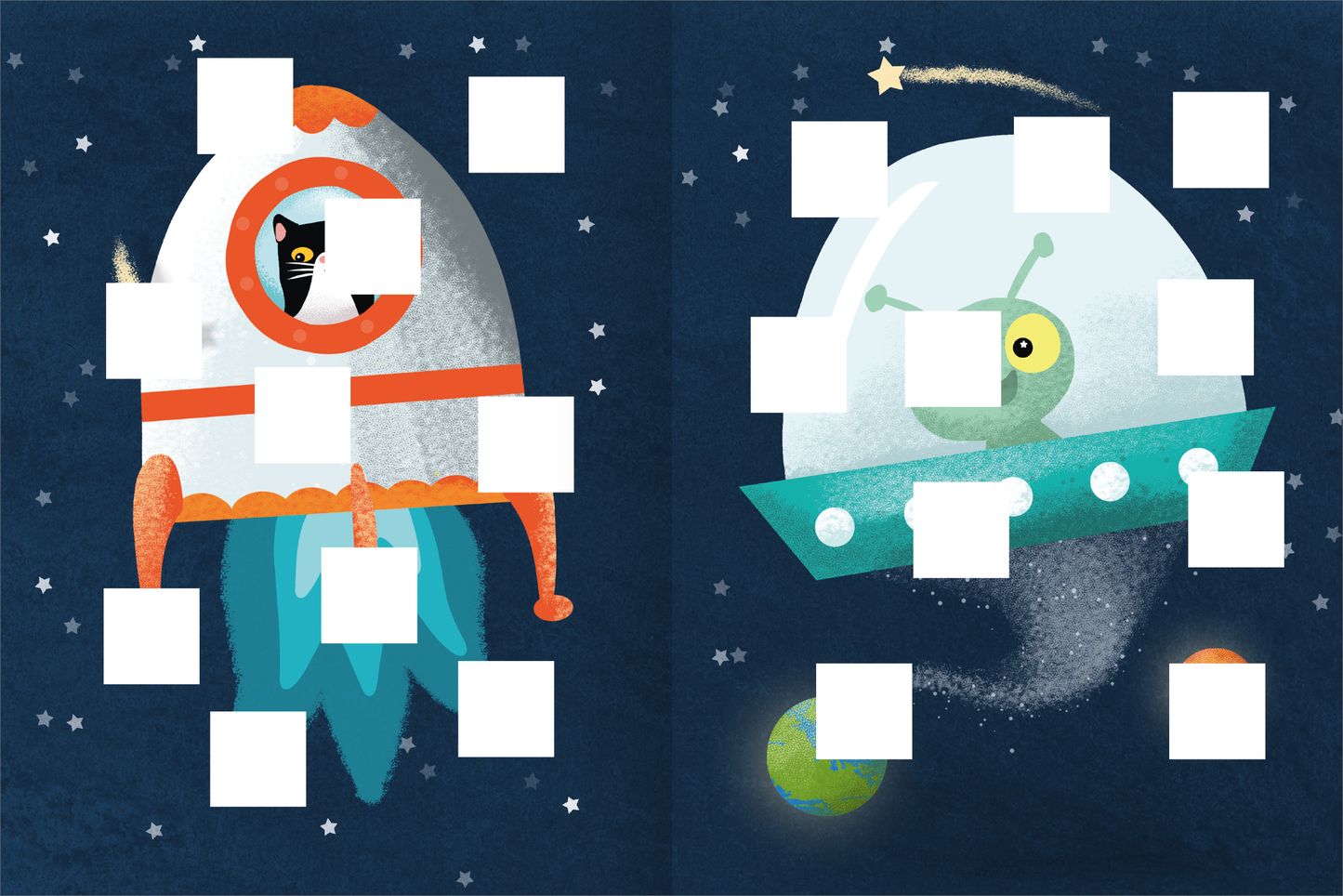 Gezeigt wird eine Innen- oder Zusatzansicht von „Meine Puzzle-Sticker – Fahrzeuge“. Die Illustration zeigt eine Rakete mit orangefarbenen Akzenten und einem freundlichen, schwarzen Kater im Sichtfenster auf der linken Seite. Auf der rechten Seite befindet sich ein UFO mit einem gelben Alien, umgeben von einem starry Background in Dunkelblau. In mehreren Bereich sind leere Quadrate, die Platz für Sticker bieten. Die Typografie ist verspielt und fördert die visuelle Anziehungskraft für...
