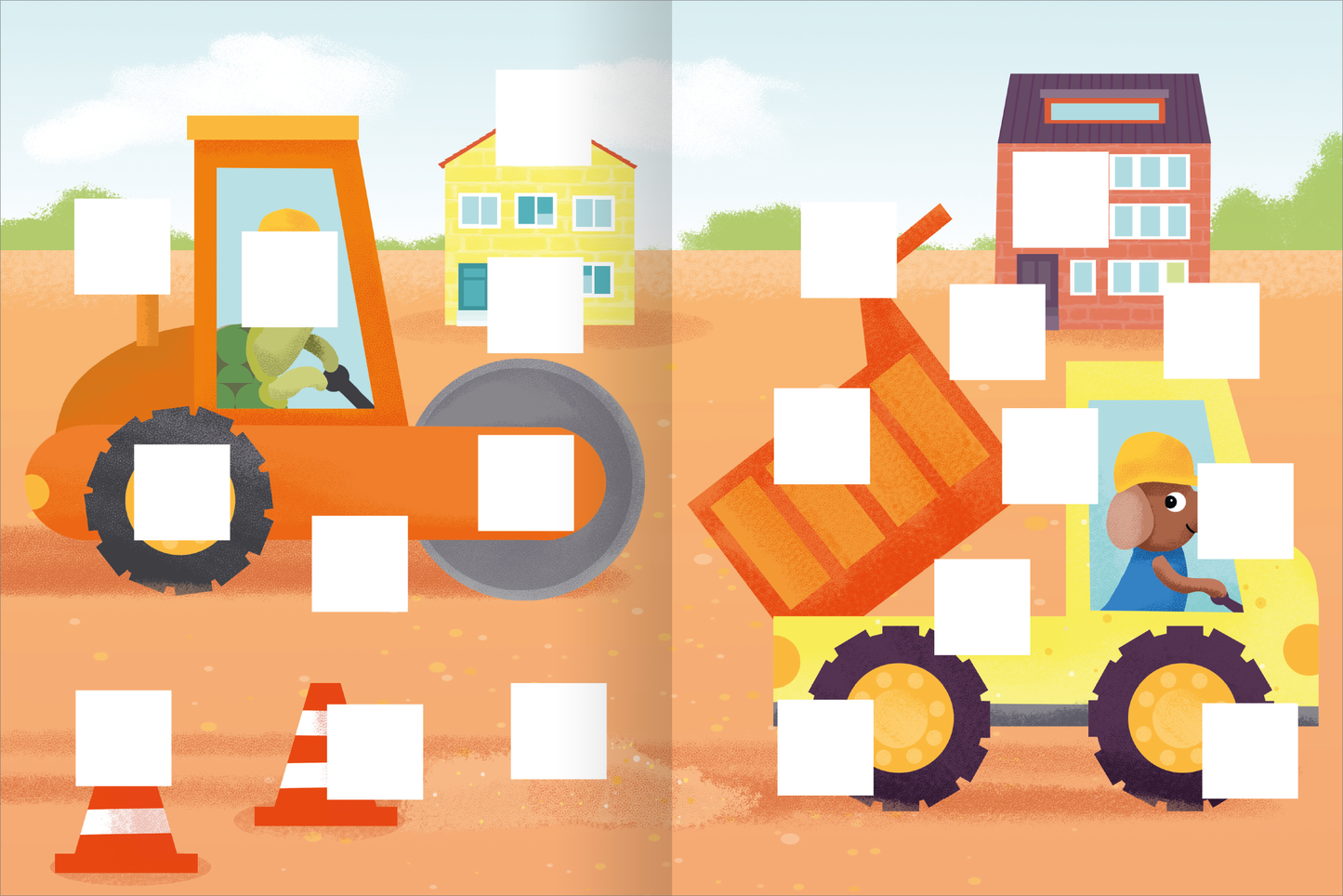 Gezeigt wird eine Innen- oder Zusatzansicht von „Meine Puzzle-Sticker – Fahrzeuge“. Die Illustration zeigt eine Baustellenlandschaft mit leuchtenden Farben wie Orange für den Bagger und Gelb für den Lkw. Auf der linken Seite ist ein Bagger zu sehen, während auf der rechten Seite ein Lkw mit einem lächelnden Tierfahrer gezeichnet ist. Im Hintergrund stehen simple, bunte Gebäude, und orangefarbene Baustellenkegel sind am Boden platziert. Die Typografie ist klar und kindgerecht, was die...