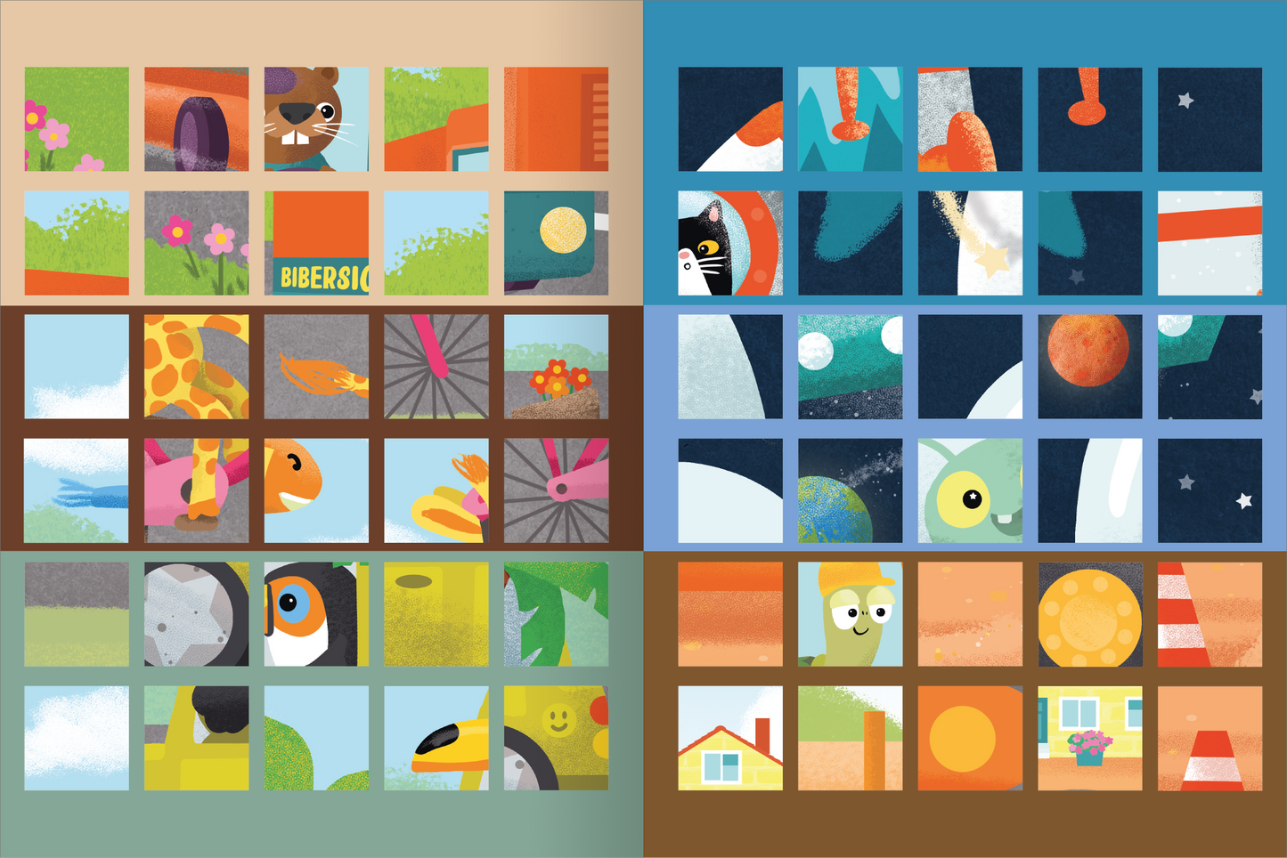 Gezeigt wird eine Innen- oder Zusatzansicht von „Meine Puzzle-Sticker – Fahrzeuge“. Die Darstellung zeigt eine Mosaikansicht in sanften Pastellfarben, unterteilt in 36 Felder. Auf der linken Seite sind tierische und alltägliche Motive zu sehen, während die rechte Seite fantasievolle Weltraum-Elemente enthält. Die Typografie ist kindgerecht und verspielt, mit klaren, runden Formen. Die bildlichen Elemente sind bunt und ansprechend gestaltet, was zur Interaktion anregt.