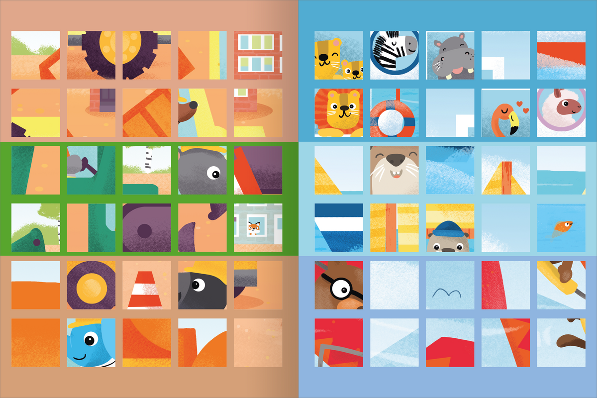 Gezeigt wird eine Innen- oder Zusatzansicht von „Meine Puzzle-Sticker – Fahrzeuge“. Die Darstellung zeigt eine Vielzahl bunter Puzzlesegmente auf einem hellen Hintergrund in warmen Farben wie Orange und Gelb sowie kühlen Tönen in Blau. Jedes Segment ist mit fröhlichen Fahrzeugmotiven und Tieren illustriert, die spielerisch angeordnet sind. Die Typografie ist klar und gut lesbar, unterstützt durch die lebendige Farbwahl, die die verspielte Thematik des Produkts unterstreicht.