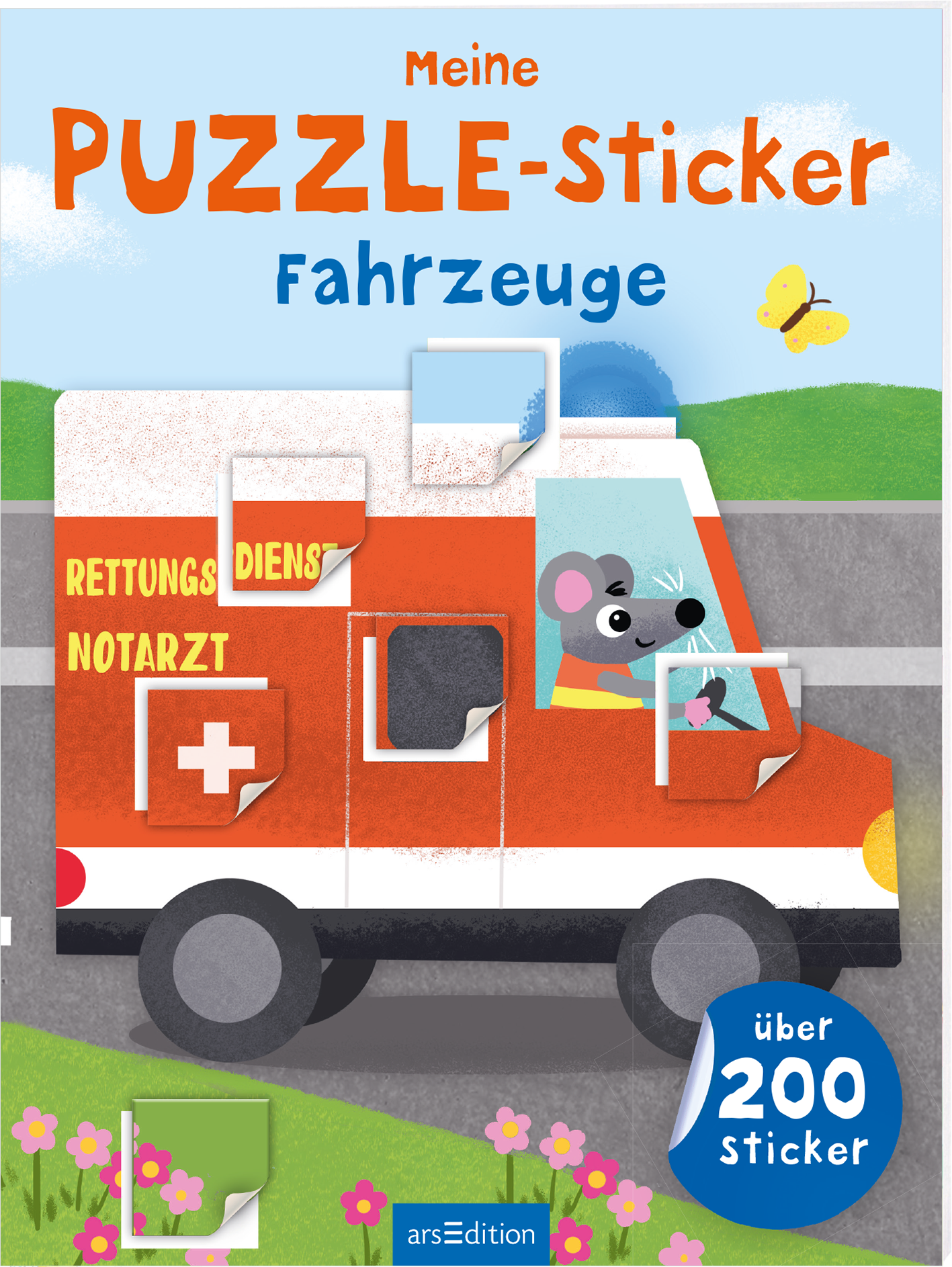 Das Buchcover zeigt ein farbenfrohes, kinderfreundliches Design mit einem orangefarbenen Rettungswagen, der auf einer Straße fährt. Ein niedliches, cartoonhaftes Tier sitzt am Steuer, während bunte Puzzlestücke an der Fahrzeugseite angedeutet werden. Oben links steht in großen, freundlichen Buchstaben „Meine PUZZLE-Sticker“, darunter in blau „Fahrzeuge“. Am unteren rechten Rand befindet sich ein blauer Button mit dem Text „über 200 Sticker“. Ganz unten mittig steht der...