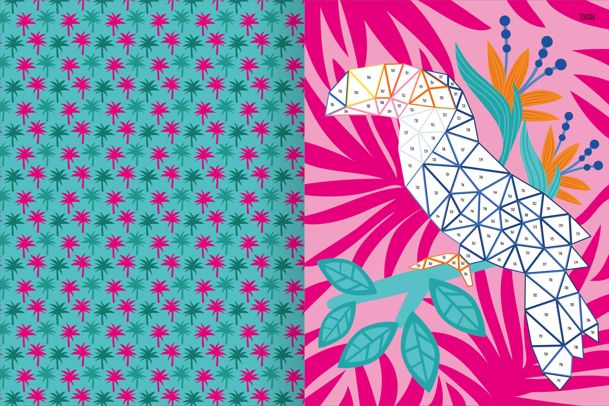 Gezeigt wird eine Innen- oder Zusatzansicht von „I Love Summer – Mosaik-Stickerheft Sommerzeit“. Die linke Seite zeigt ein mintgrünes Muster mit kleinen, pinken Sternen, während die rechte Seite einen stilisierten, weißen Papageien auf einem leuchtend pinken Hintergrund darstellt. Um den Papagei gruppieren sich tropische Pflanzen in warmen Farben. Die Typografie ist verspielt und farbenfroh, passend zum sommerlichen Thema.