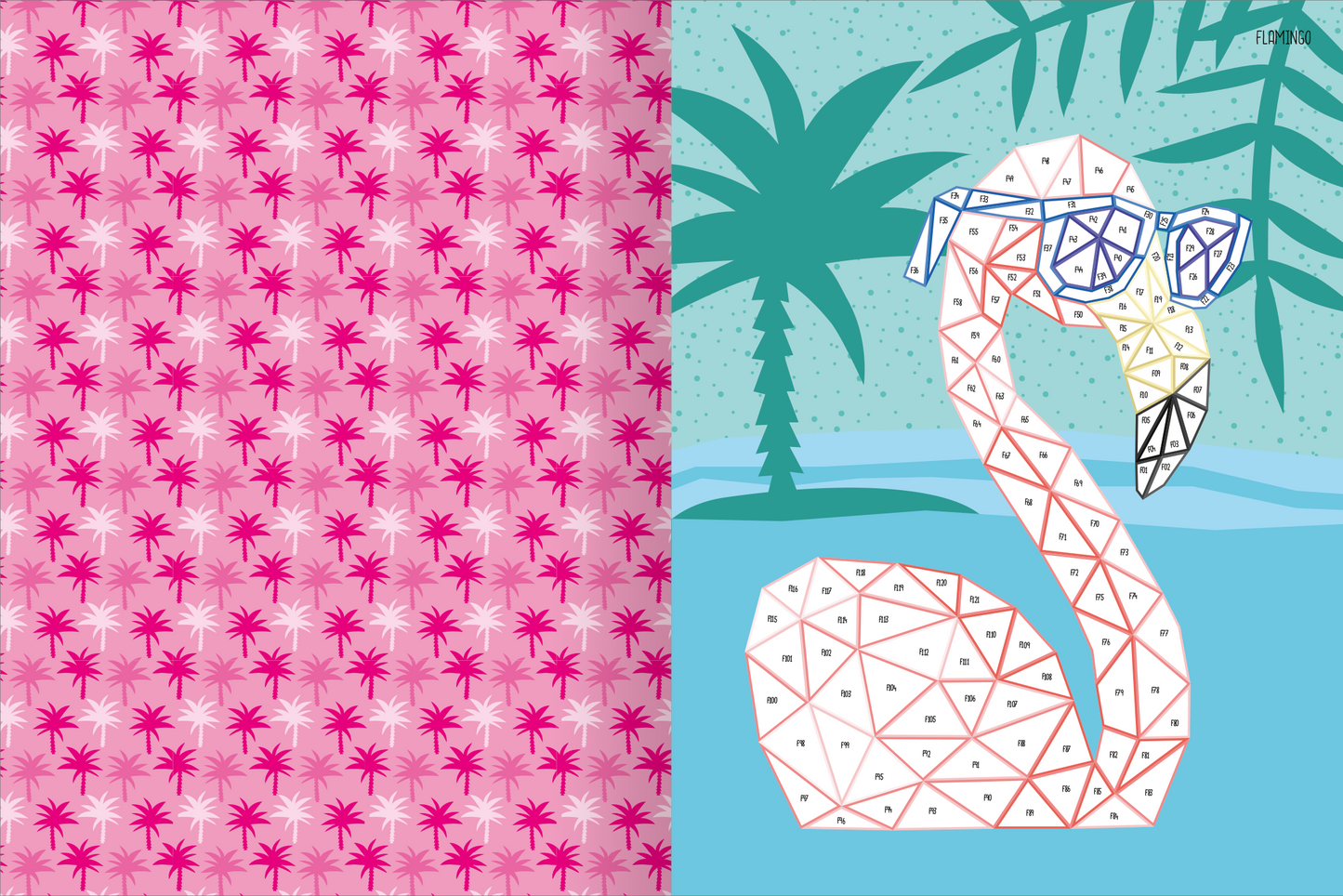 Gezeigt wird eine Innen- oder Zusatzansicht von „I Love Summer – Mosaik-Stickerheft Sommerzeit“. Auf der linken Seite ist ein pinkes Muster mit kleinen, sternartigen Figuren zu sehen, während die rechte Seite einen stilisierten Flamingo in Pastellfarben zeigt, der eine Sonnenbrille trägt. Die Typografie ist verspielt und farbenfroh, um das sommerliche Thema zu unterstreichen. Im Hintergrund sind Palmen und Wasser angedeutet, die eine fröhliche Urlaubsatmosphäre erzeugen.