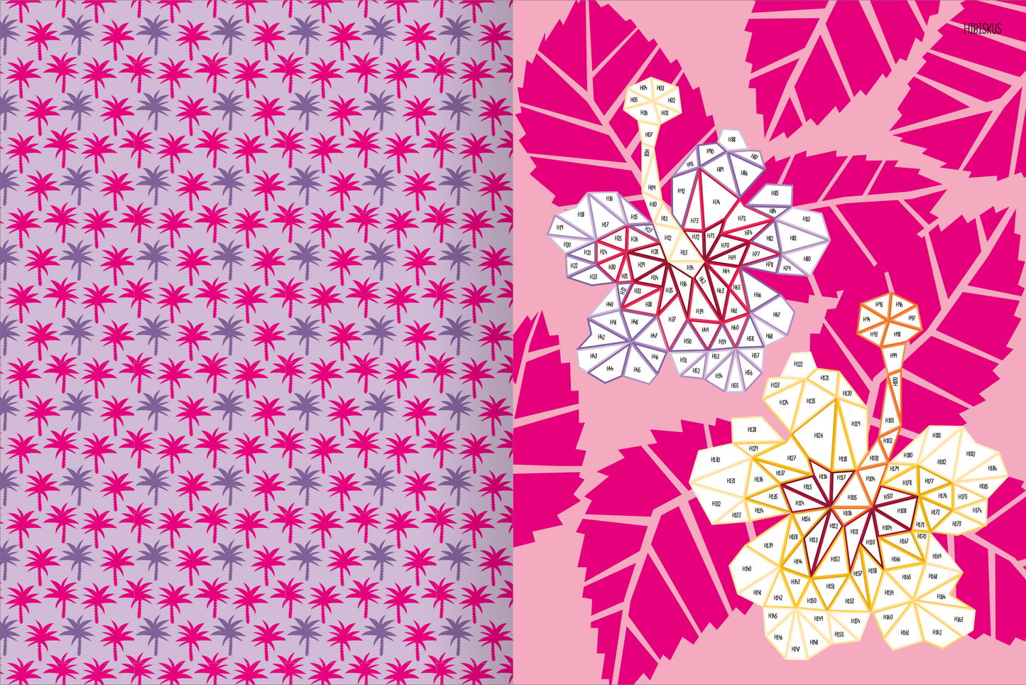 Gezeigt wird eine Innen- oder Zusatzansicht von „I Love Summer – Mosaik-Stickerheft Sommerzeit“. Die Ansicht zeigt eine bunte, fröhliche Gestaltung mit einem Hintergrund aus lila und pinken Palmblättern. Im Vordergrund sind große, grafische Blumen in Weiß und Gelb abgebildet, umgeben von stilisierten, rot-grünen Blättern. Die Typografie ist modern und verspielt, passend zur sommerlichen Thematik. Die lebendigen Farben und das verspielte Design wecken Urlaubsgefühle und Kreativität.
