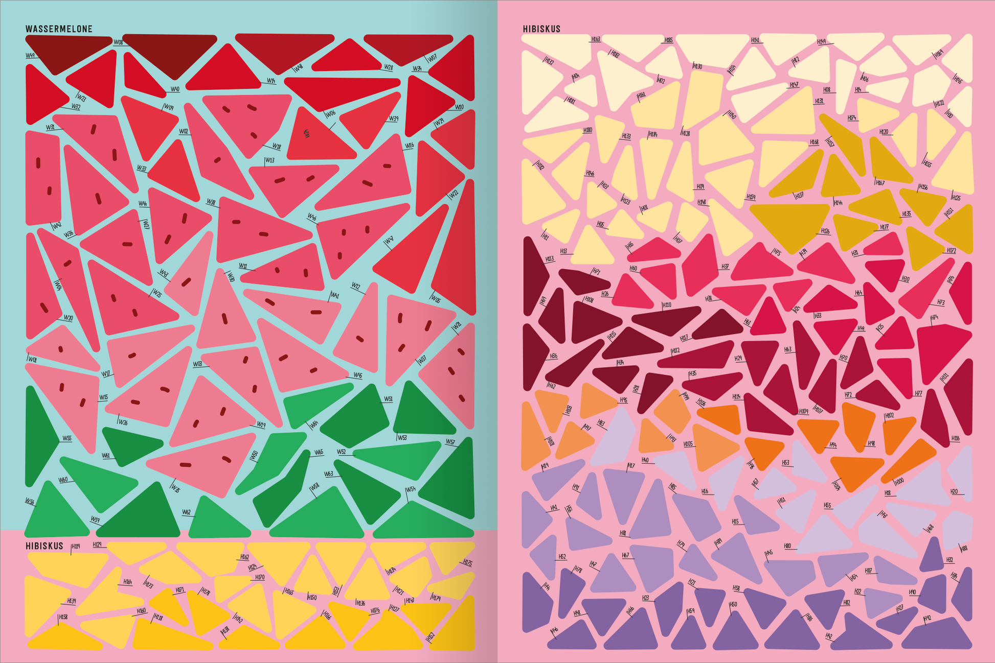 Gezeigt wird eine Innen- oder Zusatzansicht von „I Love Summer – Mosaik-Stickerheft Sommerzeit“. Die Seiten sind geprägt von hellen, lebendigen Farben, darunter Rot-, Gelb- und Grüntöne, die verschiedene geometrische Formen darstellen. Auf der linken Seite sind Wassermelonen in Übergrößen abgebildet, während die rechte Seite abstrakte Mosaike in sanften Pastellnuancen zeigt. Die Typografie ist modern und klar, mit großen, gut lesbaren Zahlen, die den Klebeflächen zugeordnet sind.