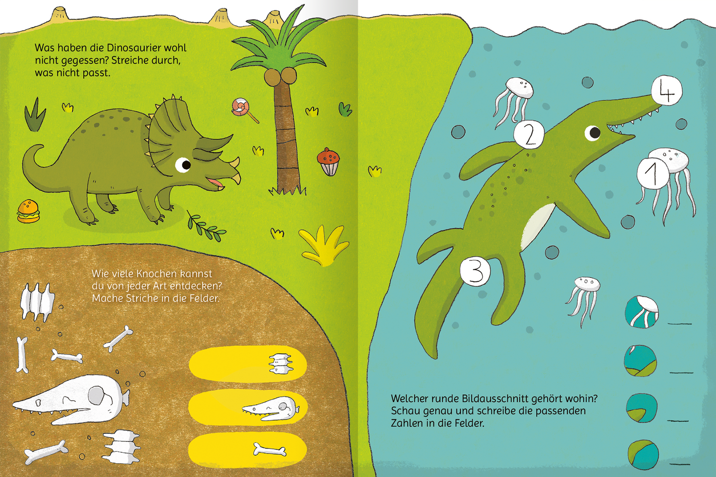 Gezeigt wird eine Innenansicht von „Lustige Dino-Rätsel“. Die Seite ist bunt gestaltet mit einem grünen und braunen Hintergrund. Links ist ein fröhlicher Dinosaurier in Grün und Braun gezeichnet, umgeben von Pflanzen und kleinen Details wie Pilzen. Rechts schwimmt ein tierähnlicher Dino in Blau, umgeben von Quallen. Auf dem Boden sind verschiedene Knochen abgebildet. Die Schrift ist groß, klar und in einer spielerischen Schriftart gehalten, die zum Rätseln einlädt.
