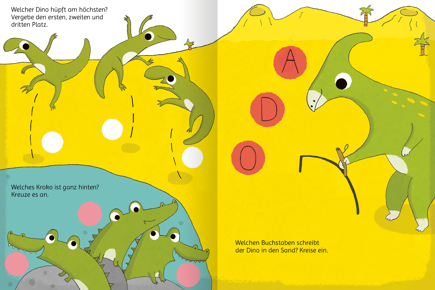 Gezeigt wird eine Innen- oder Zusatzansicht von „Lustige Dino-Rätsel“. Die Seite zeigt lebendige, gelbe Hintergründe mit fröhlichen Dinos in verschiedenen Grüntönen, die hüpfen und interagieren. Auf der linken Seite sind Dinosaurier und Krokodile unterhaltsam dargestellt, während auf der rechten Seite Buchstaben in roten Kreisen zu sehen sind. Die Typografie ist verspielt und klar, ideal für Kinder, um die Rätsel zu lösen und ihre Kreativität zu fördern.