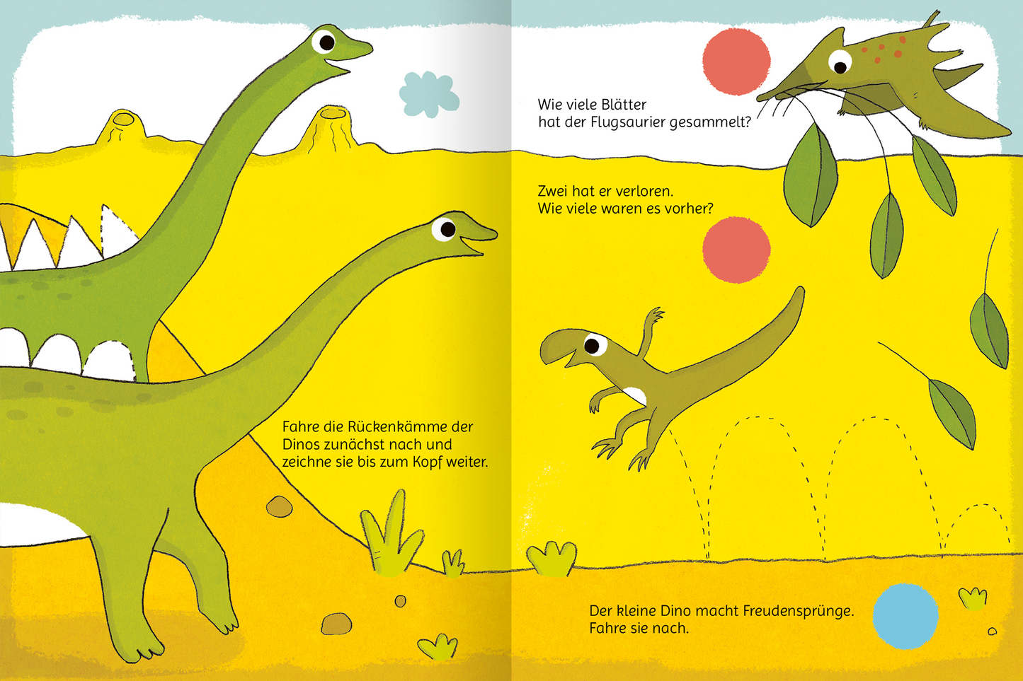 Gezeigt wird eine Innen- oder Zusatzansicht von „Lustige Dino-Rätsel“. Die Seite zeigt eine bunte, verspielte Illustration mit verschiedenen Dinosauriern auf einem gelben Hintergrund. Zwei langhalsige Dinosaurier sind in der Mitte platziert, während ein kleiner Dino und ein Flugsaurier aktiv dargestellt sind. In der unteren Hälfte befinden sich Textelemente in einer klaren, kinderfreundlichen Schrift, die Fragen und Aufgaben anregen. Die Farben sind lebhaft und ansprechend, was die...