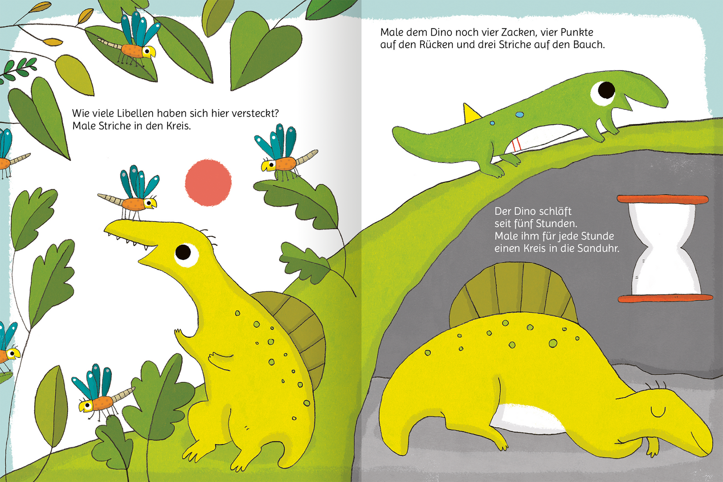 Gezeigt wird eine Innen- oder Zusatzansicht von „Lustige Dino-Rätsel“. Die Illustration zeigt fröhliche, cartoonartige Dinosaurier in lebhaften Gelb- und Grüntönen. Auf der linken Seite steht ein Dino mit spitzen Zacken, umgeben von bunten Libellen, während rechts ein Dino schläft. Die Schrift ist klar und gut lesbar, mit direkt eingebetteten Fragen und Anweisungen. Die Hintergründe sind schlicht und unterstützen die lebendige Farbenpracht der Charaktere.