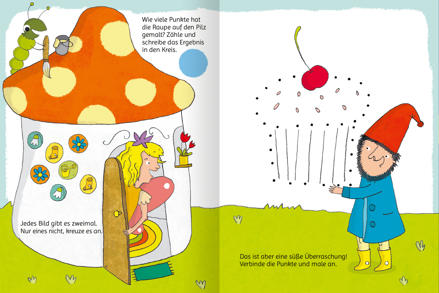 Gezeigt wird eine Innen- oder Zusatzansicht von „Lustige Feen-Rätsel“. Auf der linken Seite ist ein buntes, dickbäuchiges Pilzhaus mit großen, weißen Punkten zu sehen. Eine Fee mit langen, blonden Haaren sitzt am Eingang. Auf der rechten Seite befindet sich ein kleiner Junge mit rotem Hut und blauer Jacke, der eine aus Punktestellen bestehende Kirschzeichnung betrachtet. Der Hintergrund ist in sanften Grüntönen gehalten und die Schrift ist kindgerecht und gut lesbar.