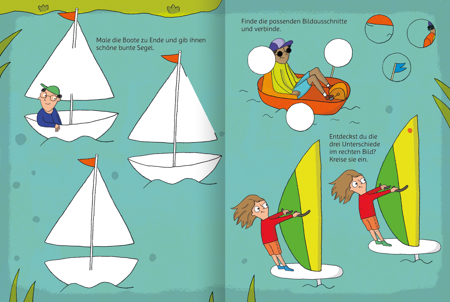 Gezeigt wird eine Innen- oder Zusatzansicht von „Lustige Fahrzeug-Rätsel“. Auf der linken Seite sind mehrere segelnde Boote abgebildet, deren weiße Segel mit roten Spitzen versehen sind. Ein Junge mit Brille sitzt in einem Boot. Auf der rechten Seite findet sich eine Szene mit einem Kajakfahrer und zwei Kinder, die auf Surfbrettern stehen. Die Farben sind hell und freundlich, überwiegend Blau- und Grüntöne. Die Typografie ist klar und spielerisch, mit einfachen Anweisungen in...