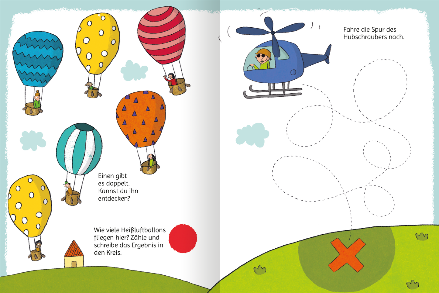 Gezeigt wird eine Innen- oder Zusatzansicht von „Lustige Fahrzeug-Rätsel“. Die Seite zeigt bunte Luftballons in verschiedenen Farben und Mustern, darunter gestreifte und gepunktete Designs. Auf der rechten Seite ist ein blauer Hubschrauber abgebildet, der über eine Strichlinie fliegt. Der Hintergrund ist in sanften Grün- und Himmelstönen gehalten, während die Schrift kindgerecht und klar ist. Ein Feld fordert dazu auf, die Anzahl der Luftballons zu bestimmen und in einen Kreis zu...
