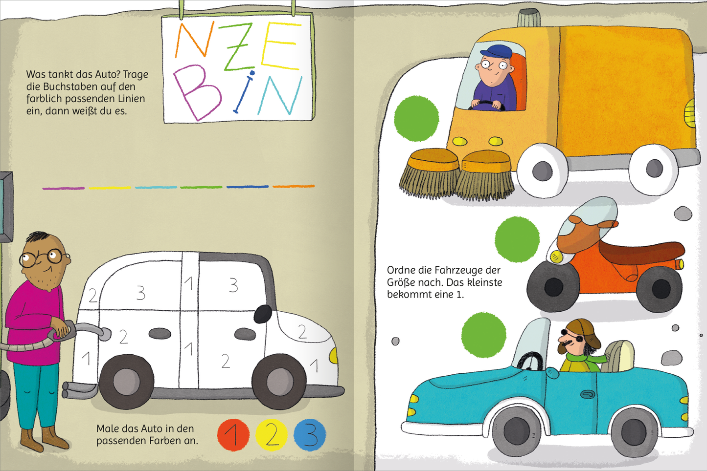 Gezeigt wird eine Innen- oder Zusatzansicht von „Lustige Fahrzeug-Rätsel“. Die Seite zeigt eine spielerische Illustration mit verschiedenen Fahrzeugen, darunter ein Auto, ein Lkw und ein Motorrad. Die Fahrzeuge sind in hellen Farben wie Blau, Grau und Orange gehalten und sind nummeriert. Im Hintergrund befindet sich eine bunte Zeichnung mit der Aufschrift „Was tanzt das Auto?“. Die Typografie ist kindgerecht und verschnörkelt, was die Interaktivität des Buches unterstreicht.