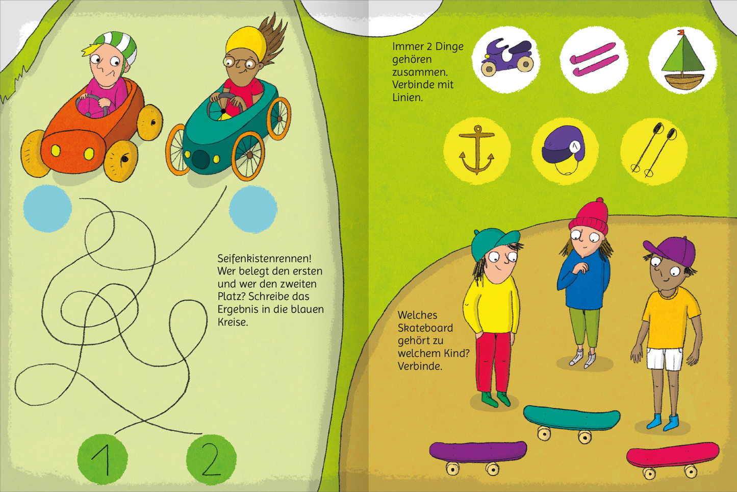 Gezeigt wird eine Innen- oder Zusatzansicht von „Lustige Fahrzeug-Rätsel“. Auf der linken Seite sind zwei Kinder in bunten Fahrzeugen abgebildet, die um eine gewundene Linie fahren. Die Hintergründe sind in sanften Farben gehalten, wobei Blau und Grün dominieren. Auf der rechten Seite sind verschiedene Gegenstände und Kinderfiguren dargestellt, umrahmt von klaren, einfachen Formen. Die Schrift ist groß und gut lesbar, die Illustrationen sind farbenfroh und freundlich gestaltet, um...