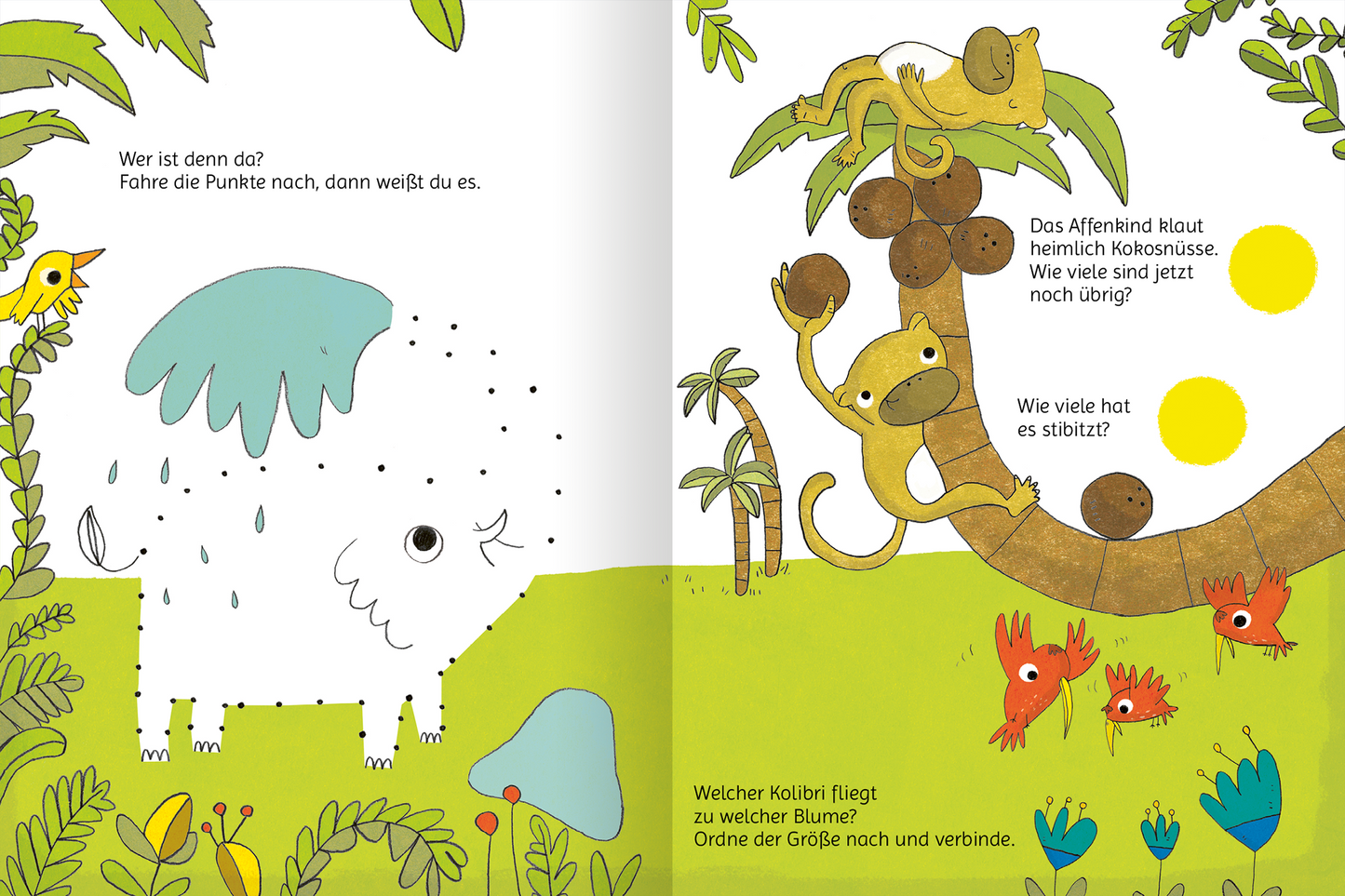 Gezeigt wird eine Innen- oder Zusatzansicht von „Lustige Tierkinder-Rätsel“. Die Seite zeigt bunte Illustrationen eines niedlichen, regennassen Elefanten und eines schüchternen Affen, der Kokosnüsse zählt. Der Hintergrund ist lebhaft mit grünen Pflanzen und bunten Vögeln gestaltet. Die Schriftarten sind klar und gut lesbar, in fröhlichen Farben gehalten, die das verspielte Thema des Buches unterstreichen. Rätselhafte Fragen sind klar formuliert und gut sichtbar.