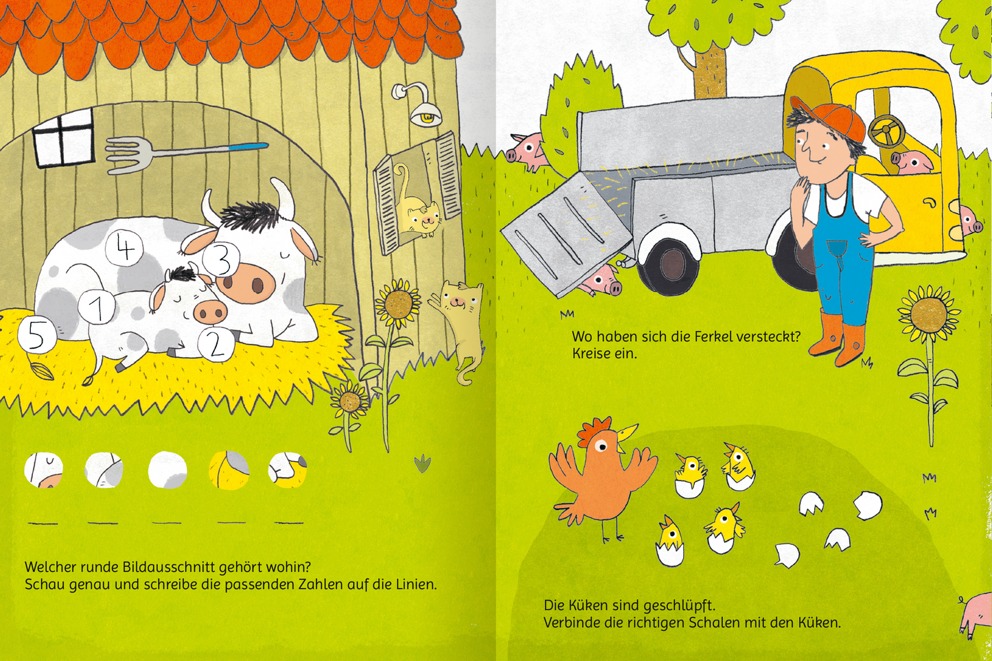 Gezeigt wird eine Innen- oder Zusatzansicht von „Lustige Tierkinder-Rätsel“. Die Doppelseite zeigt eine farbenfrohe Illustration mit einem Stall und einem Jungen, der nach versteckten Tieren sucht. Links ist eine ruhende Kuh, umgeben von Tieren und Blumen. Rechts steht ein gelbes Fahrzeug, neben dem verschiedene Küken spielen. Die Schrift ist kindgerecht und in einem klaren, gut lesbaren Stil gehalten. Dominierende Farben sind Grün, Gelb und Rot, die eine fröhliche Atmosphäre schaffen.