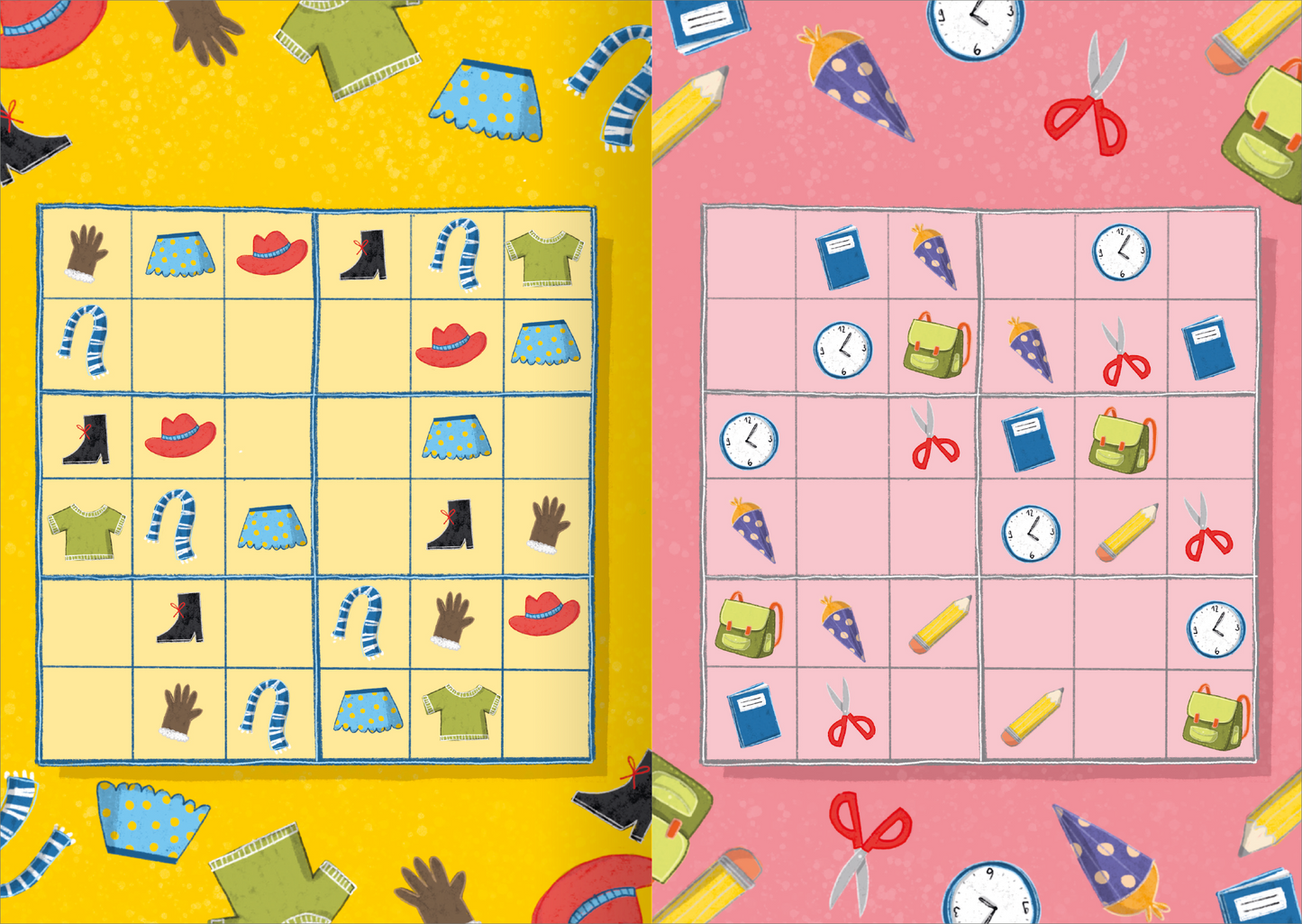 Gezeigt wird eine Innen- oder Zusatzansicht von „Meine Sticker-Sudokus – Symbole“. Die Darstellung zeigt zwei Sudokufelder auf bunten Hintergründen, einer gelb und einer pink. Jedes Feld enthält abwechslungsreiche Symbole, darunter Kleidung, Uhren und Scheren. Die Typografie ist verspielt und kindgerecht gestaltet, während die Farben lebhaft und ansprechend sind. Um das Raster herum sind weitere bunte Symbole angeordnet, die das Gesamtbild zusätzlich auflockern.