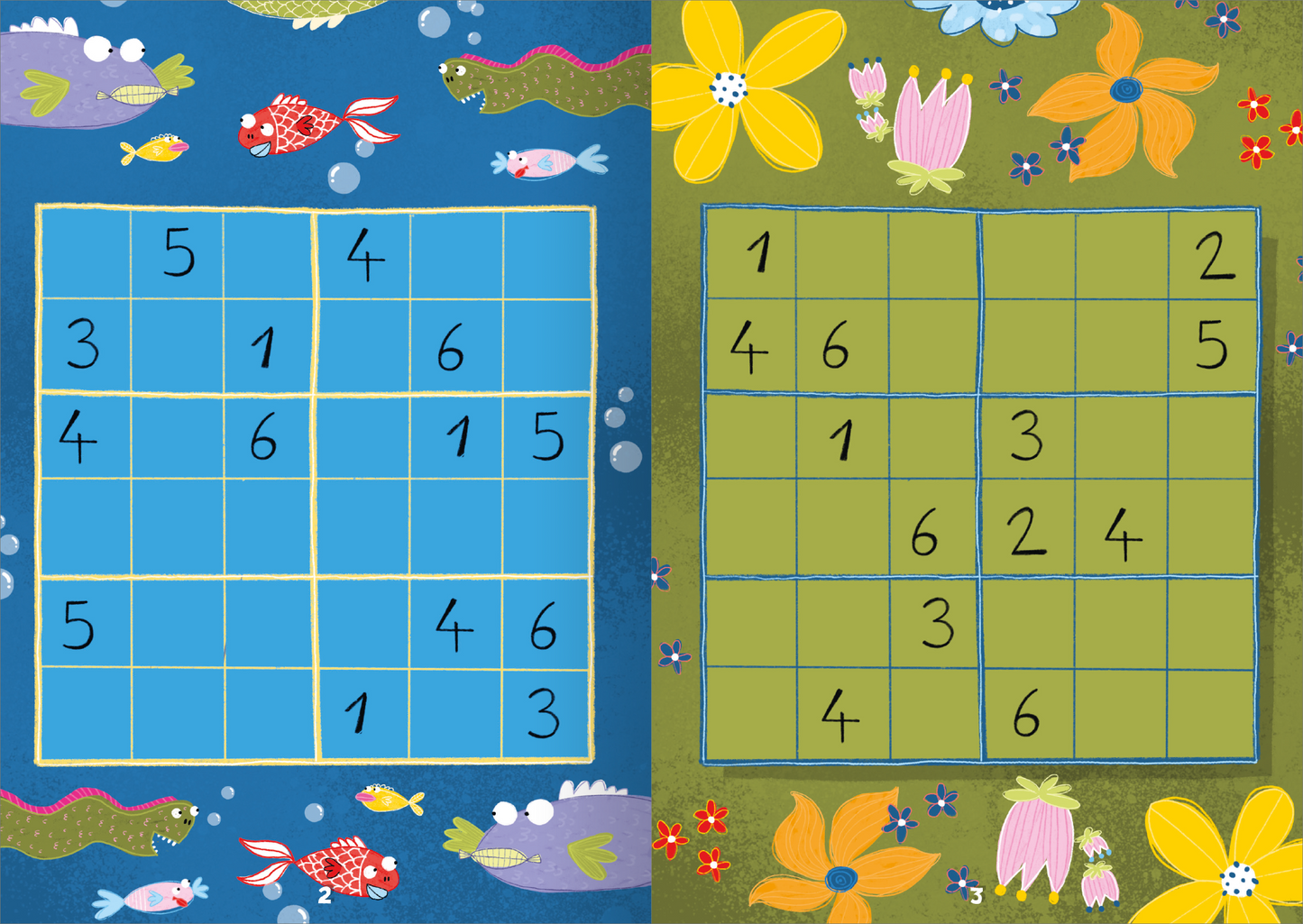 Gezeigt wird eine Innen- oder Zusatzansicht von „Lustige Sticker-Sudokus – Zahlen“. Die Abbildung zeigt zwei Sudoku-Raster, die in lebhaften Farben gestaltet sind. Das linke Raster ist auf einem blauen Hintergrund und enthält rote Fische und wässrige Elemente, während das rechte Raster auf grünem Hintergrund mit bunten Blumenmotiven verziert ist. Beide Rasters sind in einem klaren, handschriftlichen Stil mit großen, schwarzen Ziffern gestaltet, die in den Kästchen angeordnet sind.