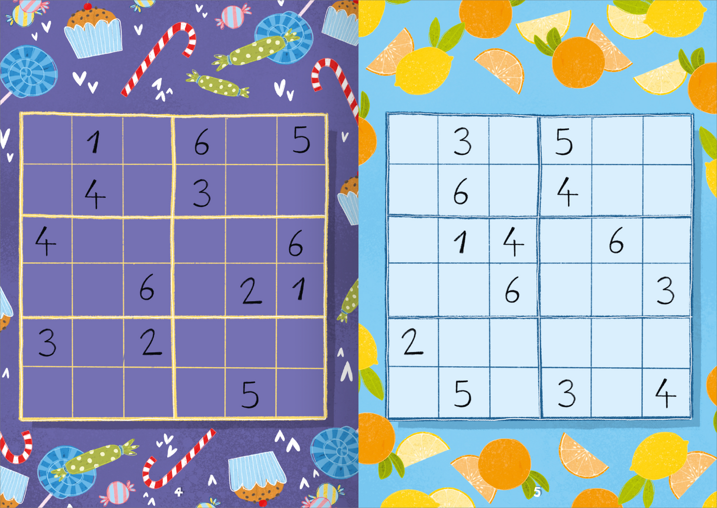 Gezeigt wird eine Innen- oder Zusatzansicht von „Lustige Sticker-Sudokus – Zahlen“. Die linke Hälfte zeigt ein lila Hintergrundmuster mit süßen Motiven wie Bonbons und Kuchen. In der Mitte sind Zahlen in handschriftlicher Typografie angeordnet. Die rechte Hälfte hat einen hellblauen Hintergrund mit Orangen- und Zitronenmuster. Auch hier befinden sich handschriftliche Zahlen in einem klassischen Sudoku-Raster. Die Elemente sind klar voneinander abgegrenzt und die Farben sind lebhaft...