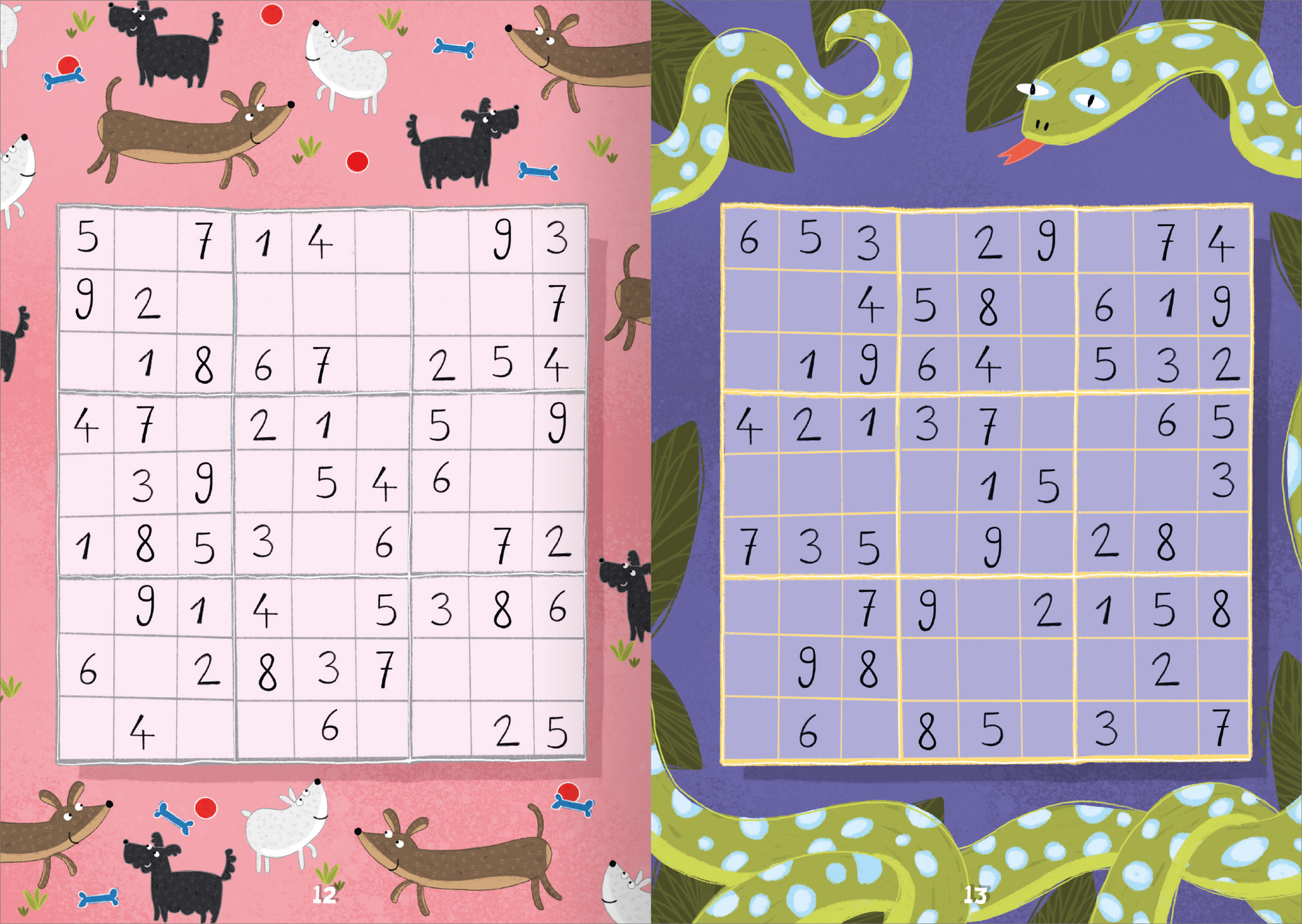 Gezeigt wird eine Innen- oder Zusatzansicht von „Lustige Sticker-Sudokus – Zahlen“. Die linke Seite zeigt ein Sudoku-Raster auf rosa Hintergrund, umgeben von humorvollen Illustrationen von Hunden und Schafen. Das Raster ist in sanften Farben gehalten, wobei die Zahlen in klarer, gut lesbarer typografischer Schrift erscheinen. Die rechte Seite zeigt ein zusätzliches Sudoku auf lila Hintergrund, umgeben von stilisierten Pflanzen und einer Schlange. Auch hier sind die Zahlen deutlich...