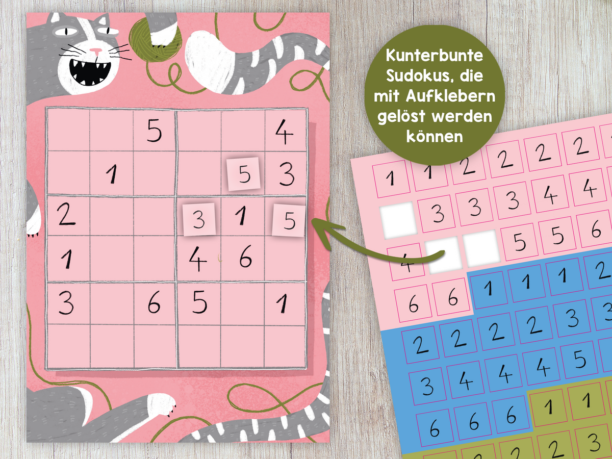 Gezeigt wird eine Innen- oder Zusatzansicht von „Lustige Sticker-Sudokus – Zahlen“. Die Darstellung zeigt ein buntes Sudoku-Raster auf rosa Hintergrund, umgeben von verspielten Katzenmotiven. Die Zahlen sind klar und groß geschrieben, sodass sie leicht zu erkennen sind. Zusätzlich sind Sticker in leuchtenden Farben auf einer seitlichen Übersicht abgebildet, die zur Lösung des Sudokus verwendet werden können. Die Kombination aus Farben und Typografie sorgt für eine ansprechende und...