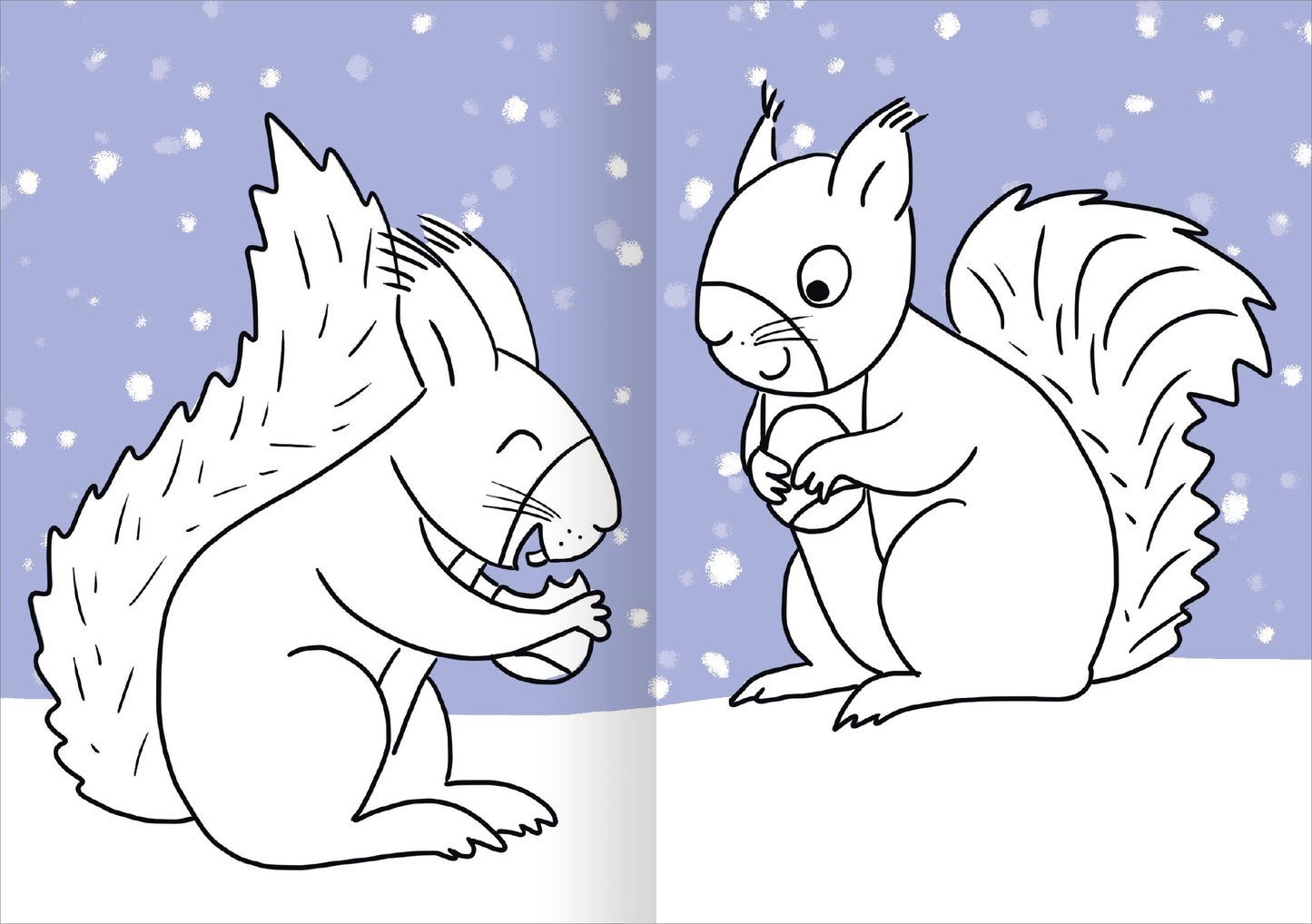 Gezeigt wird eine Innen- oder Zusatzansicht von „Stickerspaß Winterzeit WWS“. Auf der Doppelseite sind zwei fröhliche, cartoonartige Eichhörnchen in einem winterlichen Ambiente dargestellt. Der Hintergrund ist in einem sanften Lila gehalten, während die Eichhörnchen in Weiß und Schwarz gezeichnet sind. Eines lächelt und hält eine kleine Kugel, das andere ist konzentriert. Über die gesamte Seite schweben stilisierte Schneeflocken, die die winterliche Stimmung unterstreichen. Die...