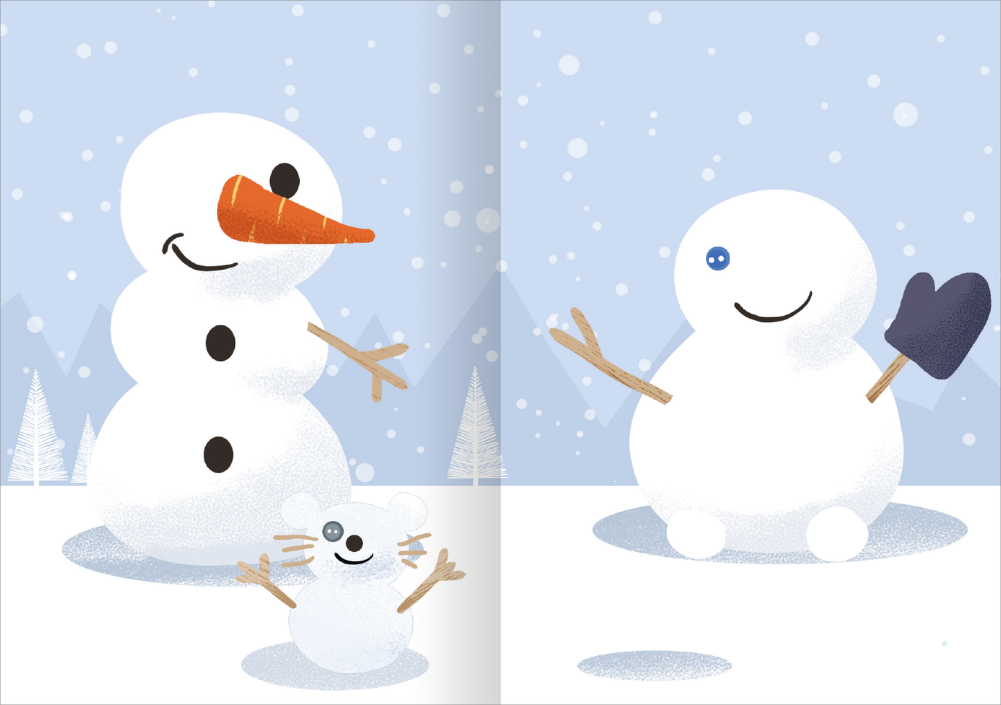 Gezeigt wird eine Innen- oder Zusatzansicht von „Stickerspaß Winterzeit WWS“. Die Illustration zeigt fröhliche Schneemänner auf einem schneebedeckten Hintergrund in sanften Blautönen. Der linke Schneemann trägt eine orange Karottennase und hat zwei schwarze Knöpfe als Augen, während ein kleiner, weißer Mäuserich davorsteht und die Arme hebt. Der rechte Schneemann hat ein freundliches Lächeln, einen blauen Knopf als Auge und hält einen schwarzen Handschuh in der Hand. Die...