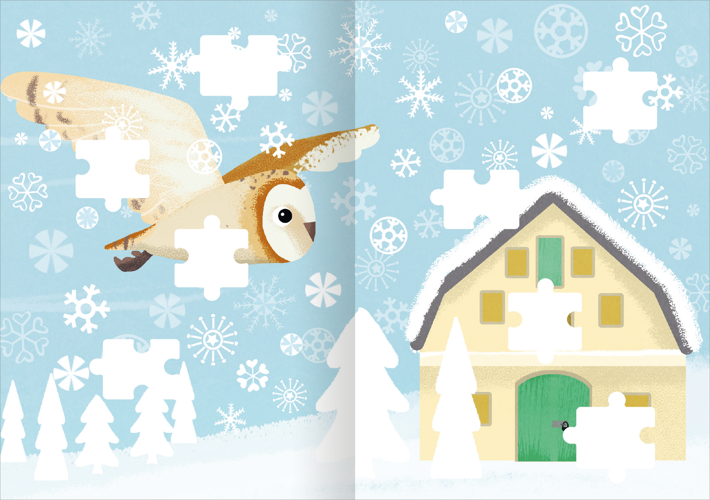 Gezeigt wird eine Innen- oder Zusatzansicht von „Stickerspaß Winterzeit WWS“. Die Illustration zeigt eine Eule, die in einem hellblauen Winterhimmel fliegt, umgeben von flauschigen Schneeflocken und verschiedenen winterlichen Motiven. Rechts ist ein gelbes Haus mit einer grünen Tür und schneebedecktem Dach abgebildet. Puzzle-Teile sind in weißen Umrissformen dargestellt, die auf verschiedene Elemente der Szene hinweisen. Die Farbpalette ist sanft und pastellartig, was eine einladende...