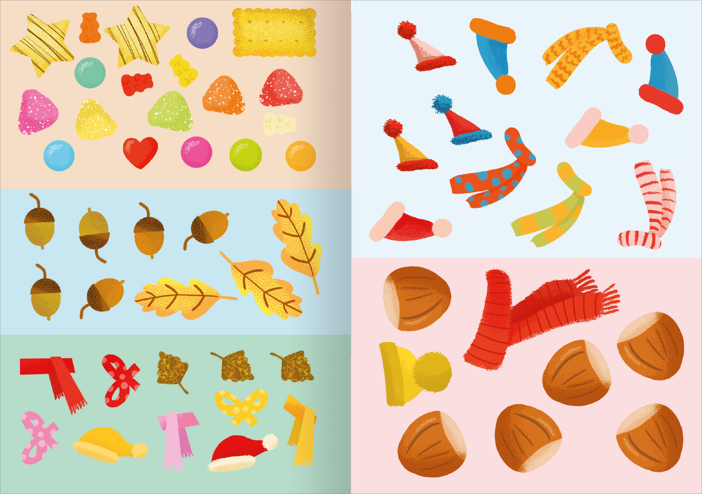 Gezeigt wird eine Innen- oder Zusatzansicht von „Stickerspaß Winterzeit WWS“. Die Illustration präsentiert bunte, winterliche Sticker-Motive auf hellen Hintergründen. Oben sind Leckereien wie Plätzchen und bunte Bonbons dargestellt. In der mittleren Reihe finden sich Eicheln und bunte Herbstblätter. Unten sind verschiedene Mützen und Schals in warmen Farben sowie Nüsse abgebildet, die ein spielerisches und festliches Gefühl vermitteln.