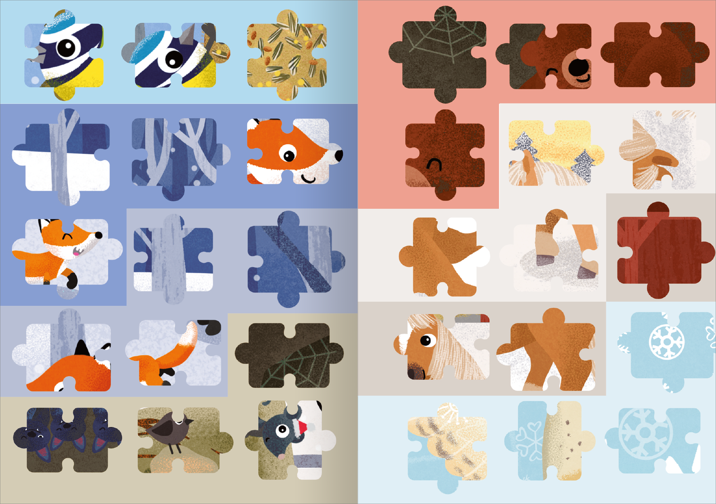 Gezeigt wird eine Innen- oder Zusatzansicht von „Stickerspaß Winterzeit WWS“. Die Darstellung zeigt abwechslungsreiche Puzzle-Teile in sanften Pastellfarben wie Blau, Beige und Rosa. Auf den Puzzlestücken sind tierische Motive wie ein Fuchs, ein Pferd und verschiedene winterliche Elemente abgebildet. Die Typografie ist klar und gut lesbar, während die Illustrationen freundlich und kindgerecht gestaltet sind, was die winterliche Stimmung unterstreicht.