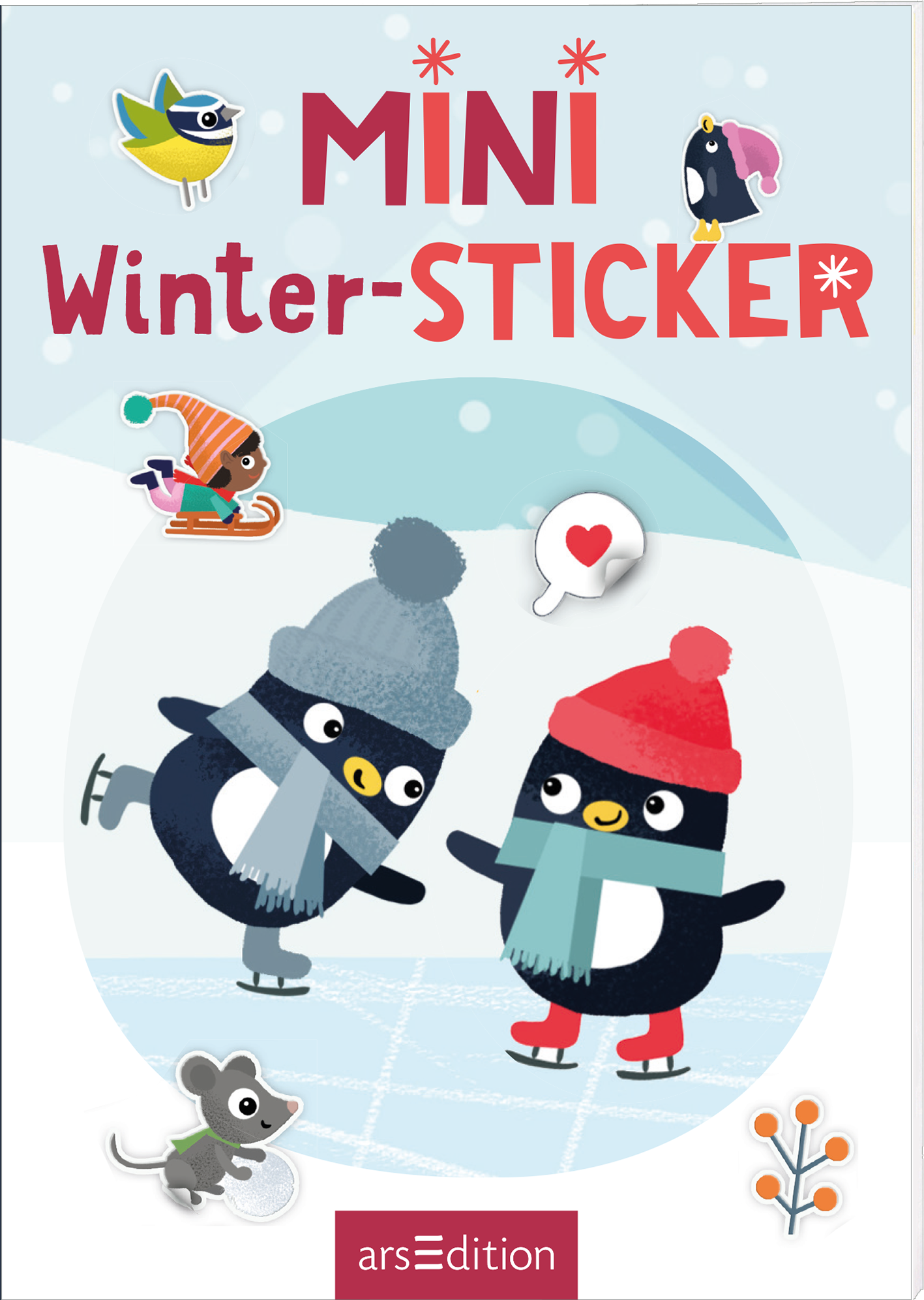 Auf dem Buchcover sind zwei niedliche Pinguine abgebildet, die eislaufen. Der Pinguin links trägt einen blauen Schal und eine graue Mütze, während der Pinguin rechts einen roten Schal und eine rote Mütze hat. Im Hintergrund ist eine winterliche Landschaft in sanften Blautönen zu erkennen, die von weißen Eisflächen und kleinen bunten Figuren, wie einem Vogel und einer Maus, ergänzt wird. Der Titel „MINI Winter-STICKER“ prangt in großen, roten Buchstaben am oberen Rand. Ganz unten...